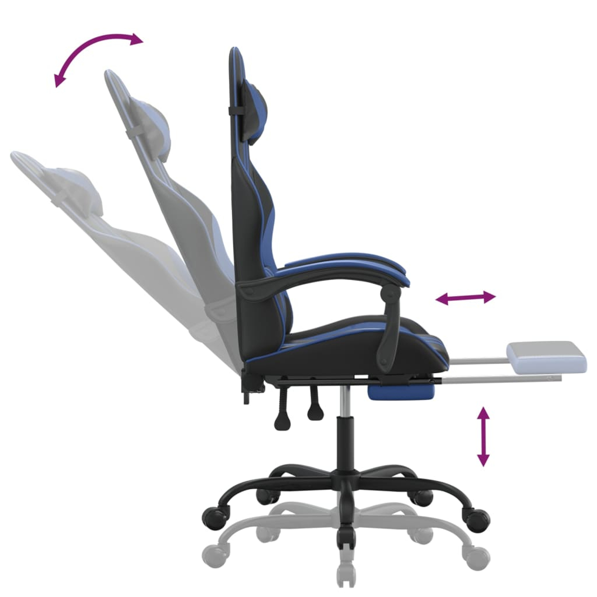 Schwarzer und blauer Gaming-Stuhl mit verstellbarer Rückenlehne und ausziehbarer Fußstütze.