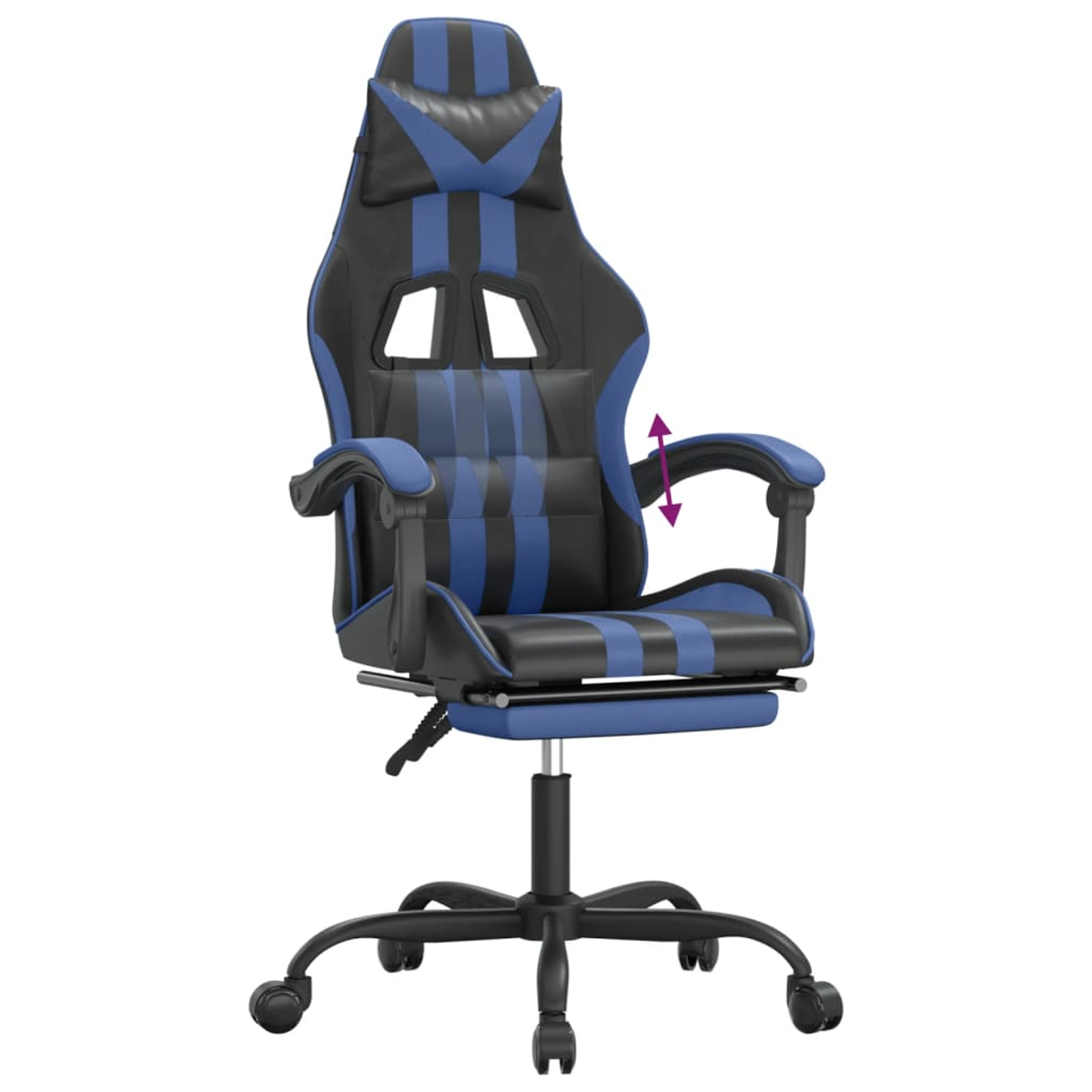 Ein schwarzer und blauer Gaming-Stuhl mit Rädern und verstellbaren Armlehnen.