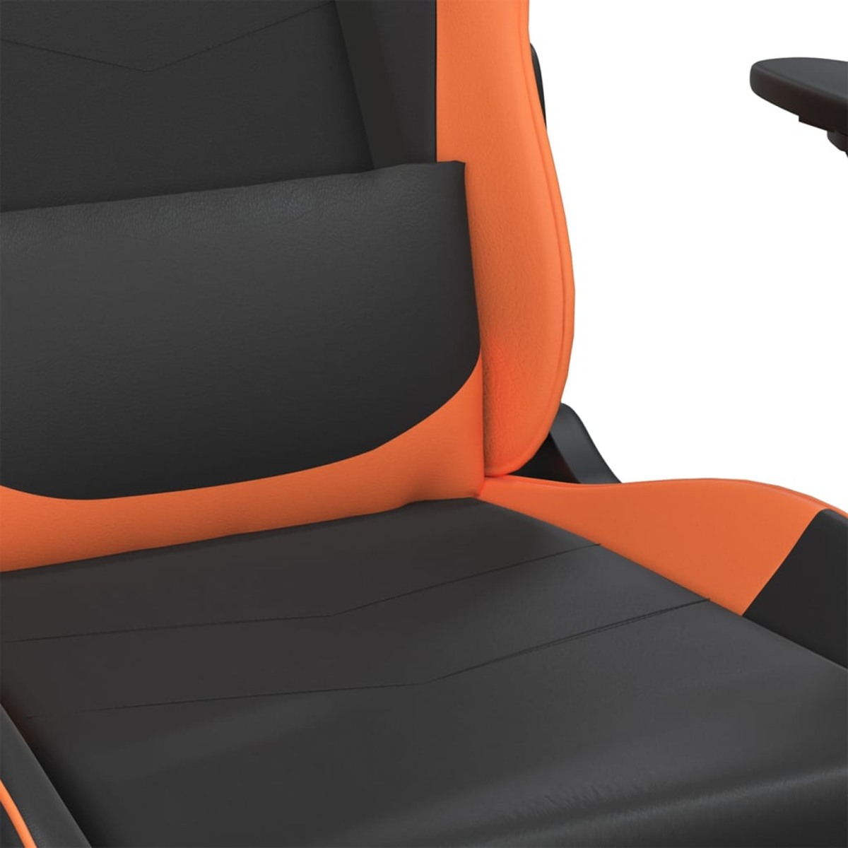 Schwarzer und orangefarbener Gaming-Stuhl mit Lendenkissen.