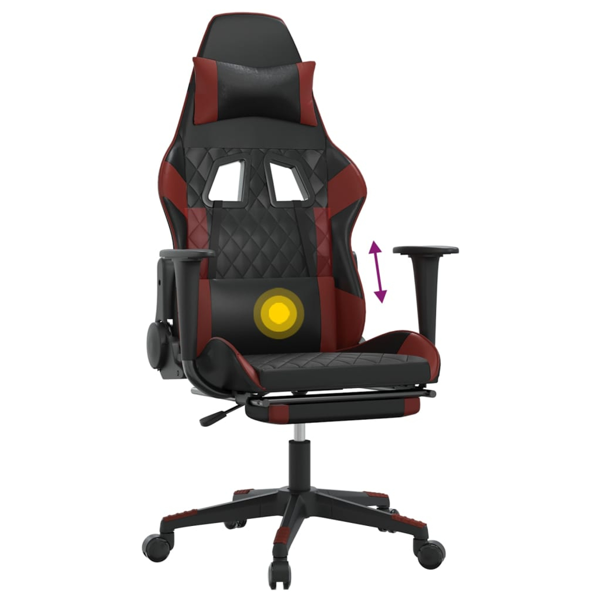 Ein schwarzer und roter Gaming-Stuhl mit Massagefunktion und verstellbaren Armlehnen.