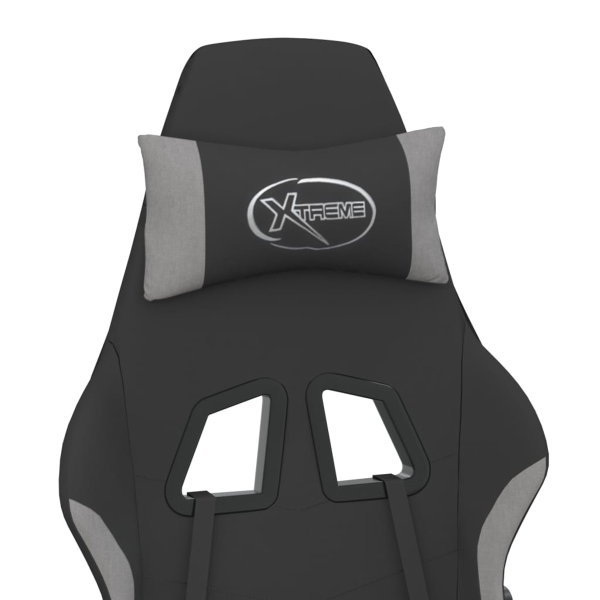 Schwarzer Gamingstuhl mit Kopfkissen und Xtreme-Logo. Offene Ausschnitte.