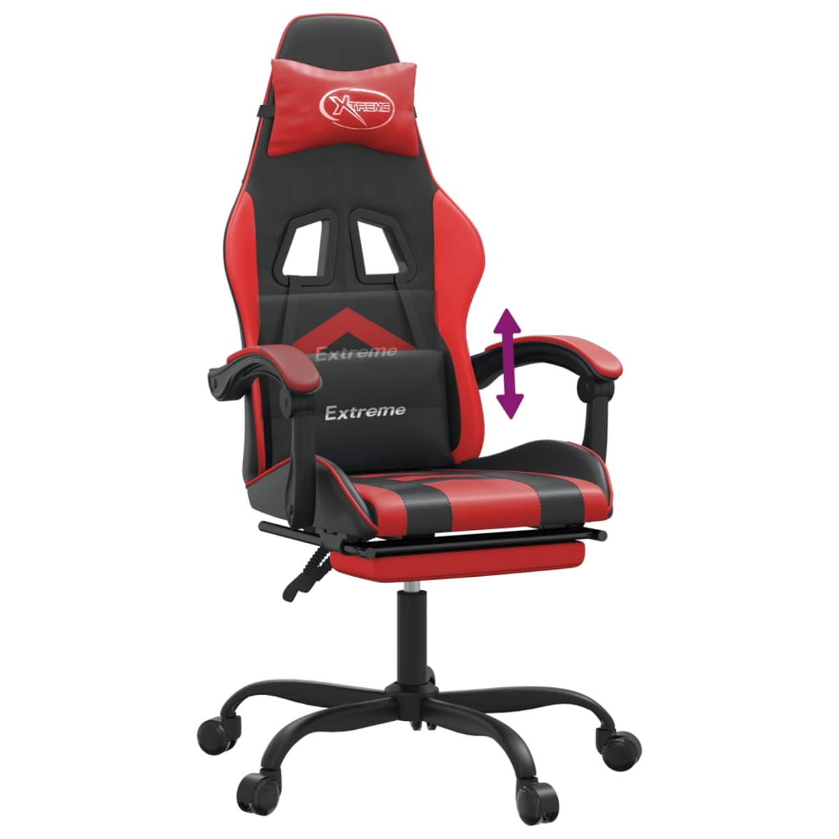 Ein roter und schwarzer Gaming-Stuhl mit einziehbarer Fußstütze und Höhenverstellung.
