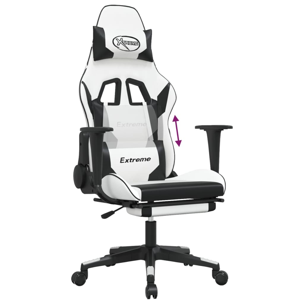 Ein weißer und schwarzer Gaming-Stuhl mit verstellbarer Höhenanzeige.