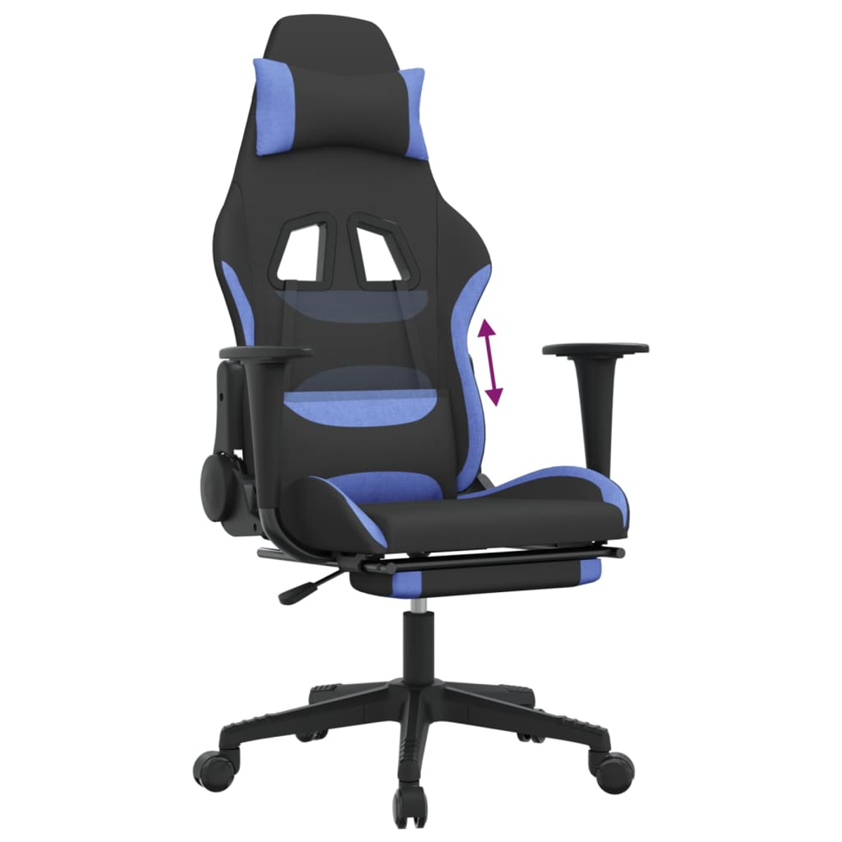 Ein schwarzer und blauer Gaming-Stuhl mit verstellbarer Kopfstütze und Armlehnen.
