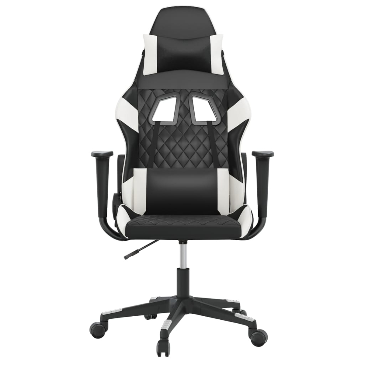 Ein schwarzer und weißer Gaming-Stuhl mit Rädern und verstellbarer Rückenlehne.