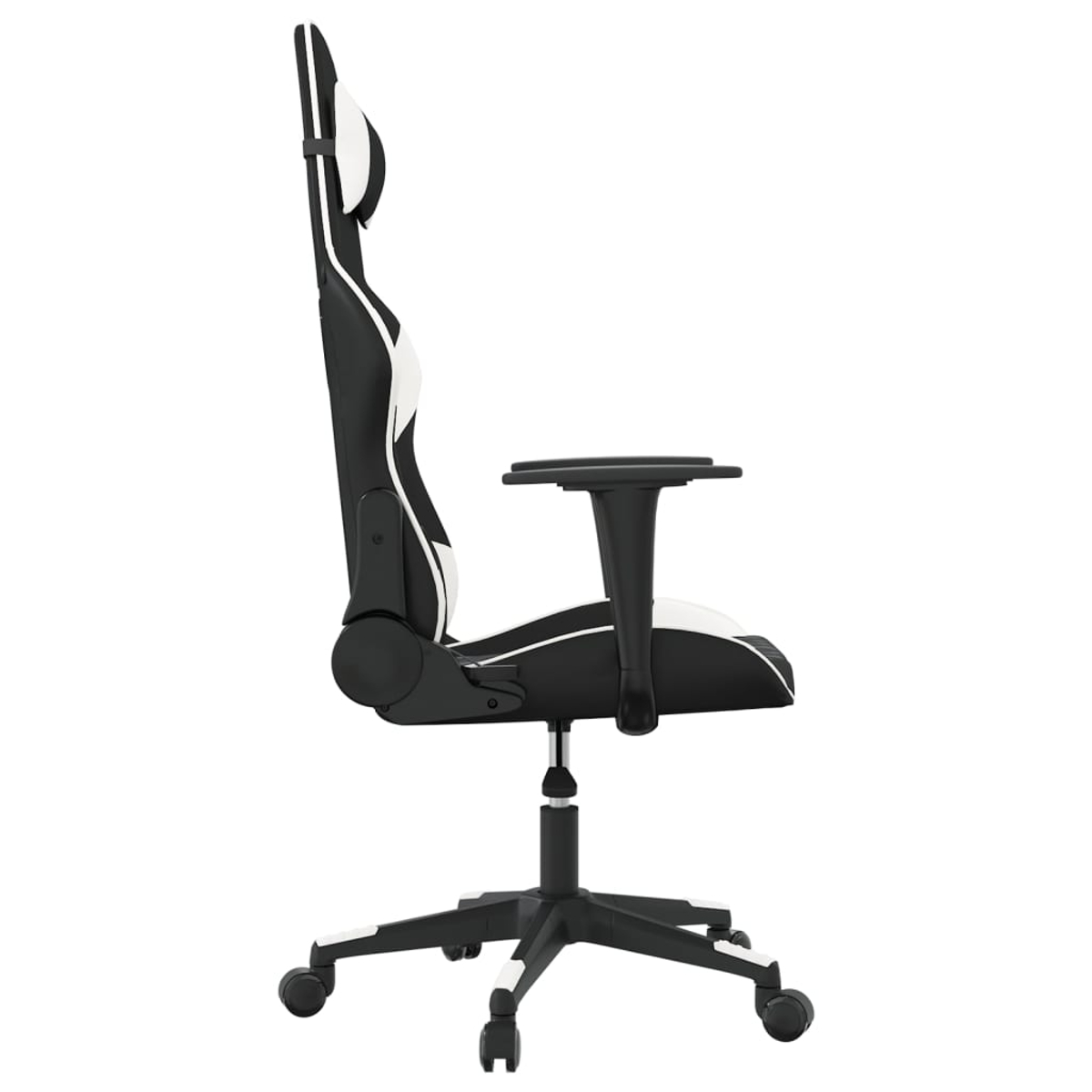 Ein schwarzer und weißer Gaming-Stuhl mit Rädern, von der Seite gesehen.