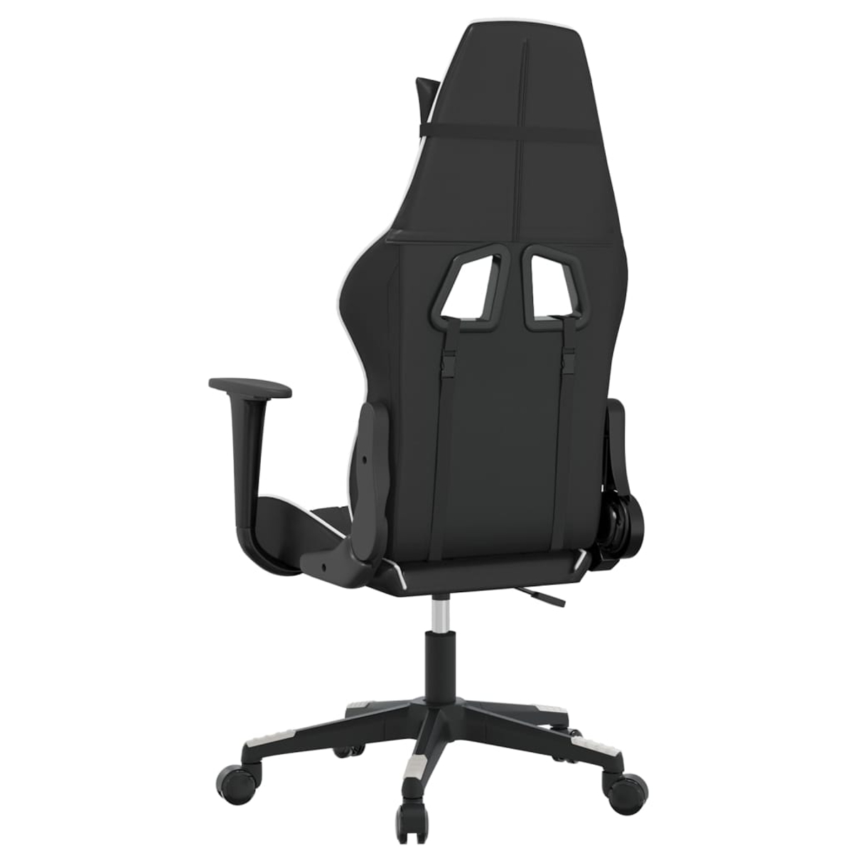Schwarzer Gaming-Stuhl mit weißer Zierleiste, von hinten gesehen.