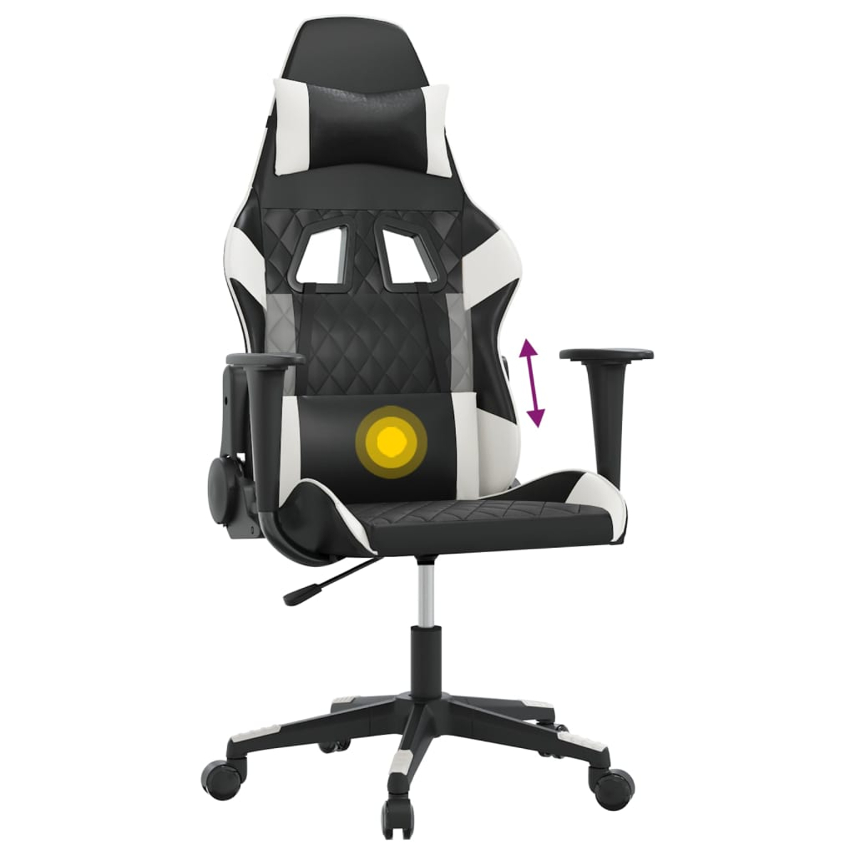 Ein schwarzer und weißer Gaming-Stuhl mit verstellbarer Lendenwirbelstütze.