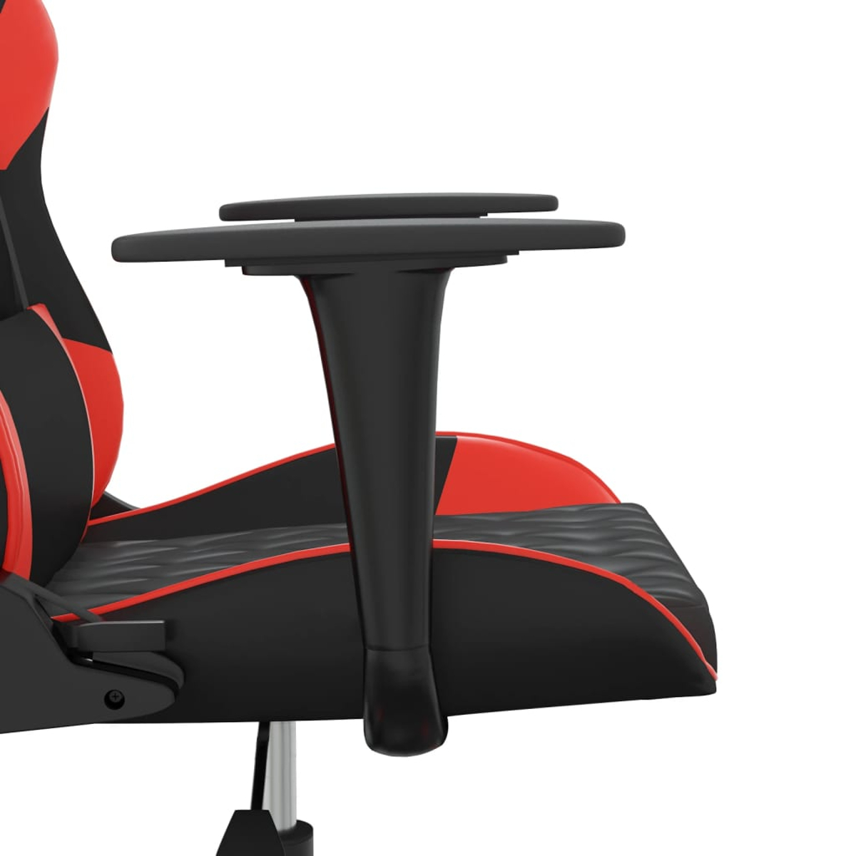 Schwarzer und roter Gaming-Stuhl, Nahaufnahme der Armlehne.