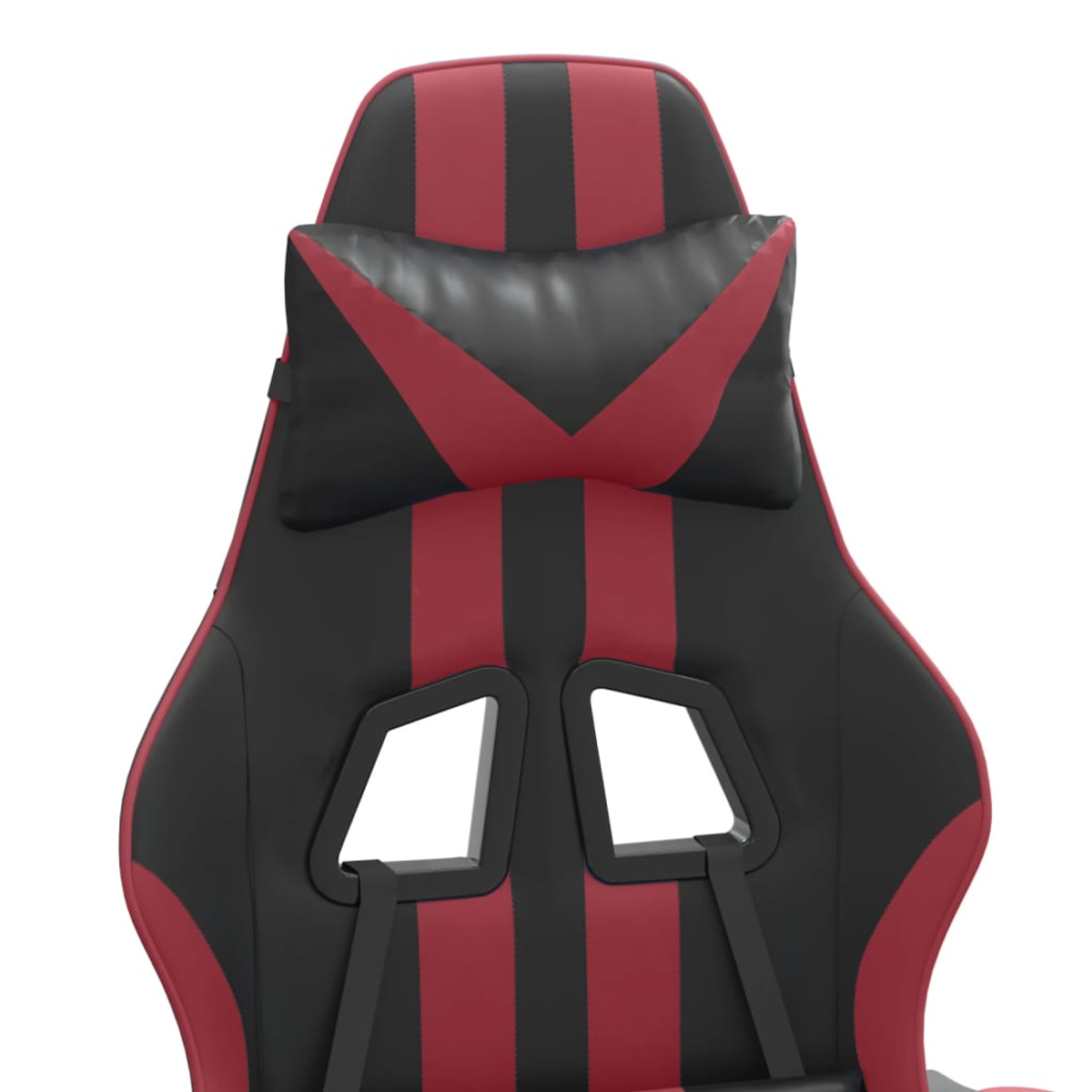Ein schwarzer und roter Gaming-Stuhl mit Kopfkissen. Vertikale rote Streifen.