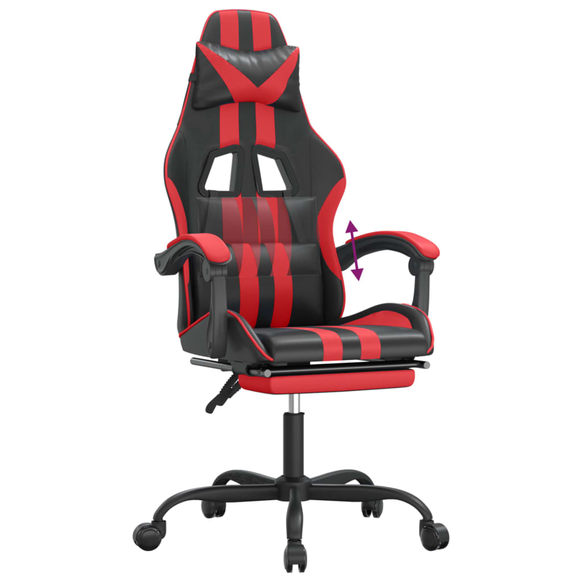 Ein schwarzer und roter Gaming-Stuhl mit verstellbaren Armlehnen und einem ausziehbaren Fußbrett.