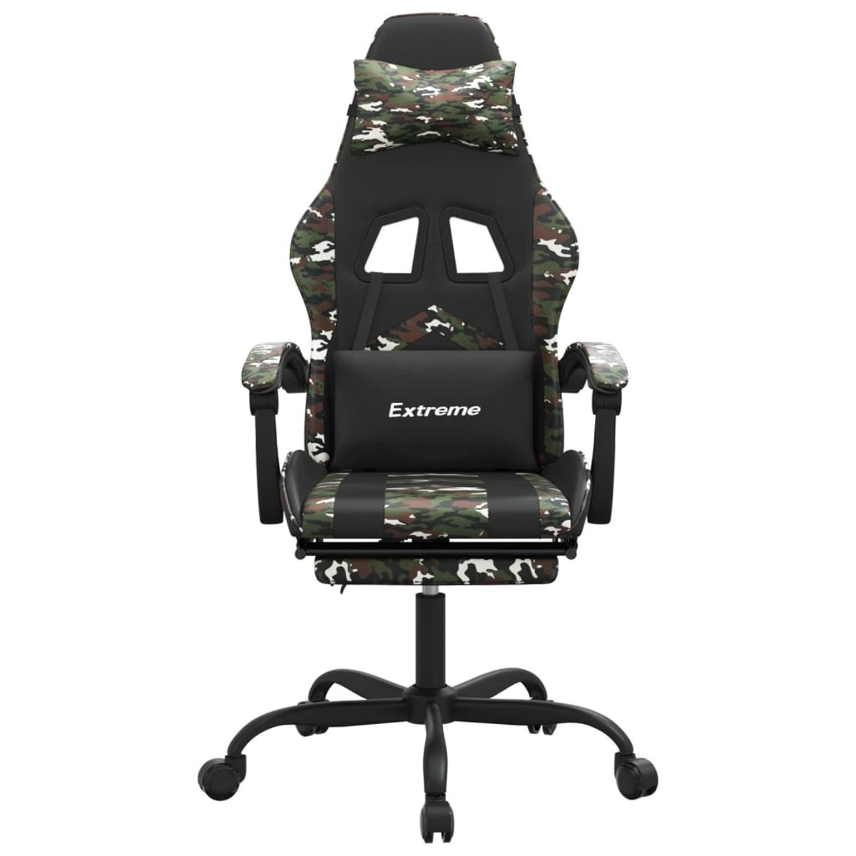 Ein schwarzer Gaming-Stuhl mit Camouflage-Muster und Kissen.