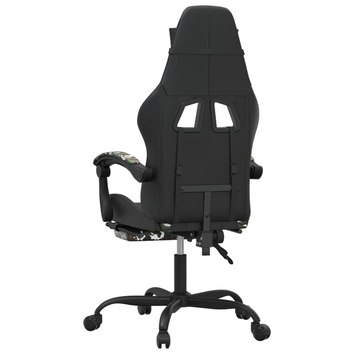 Schwarzer Gaming-Stuhl mit Tarnmuster an Armlehnen und Sitzfläche.