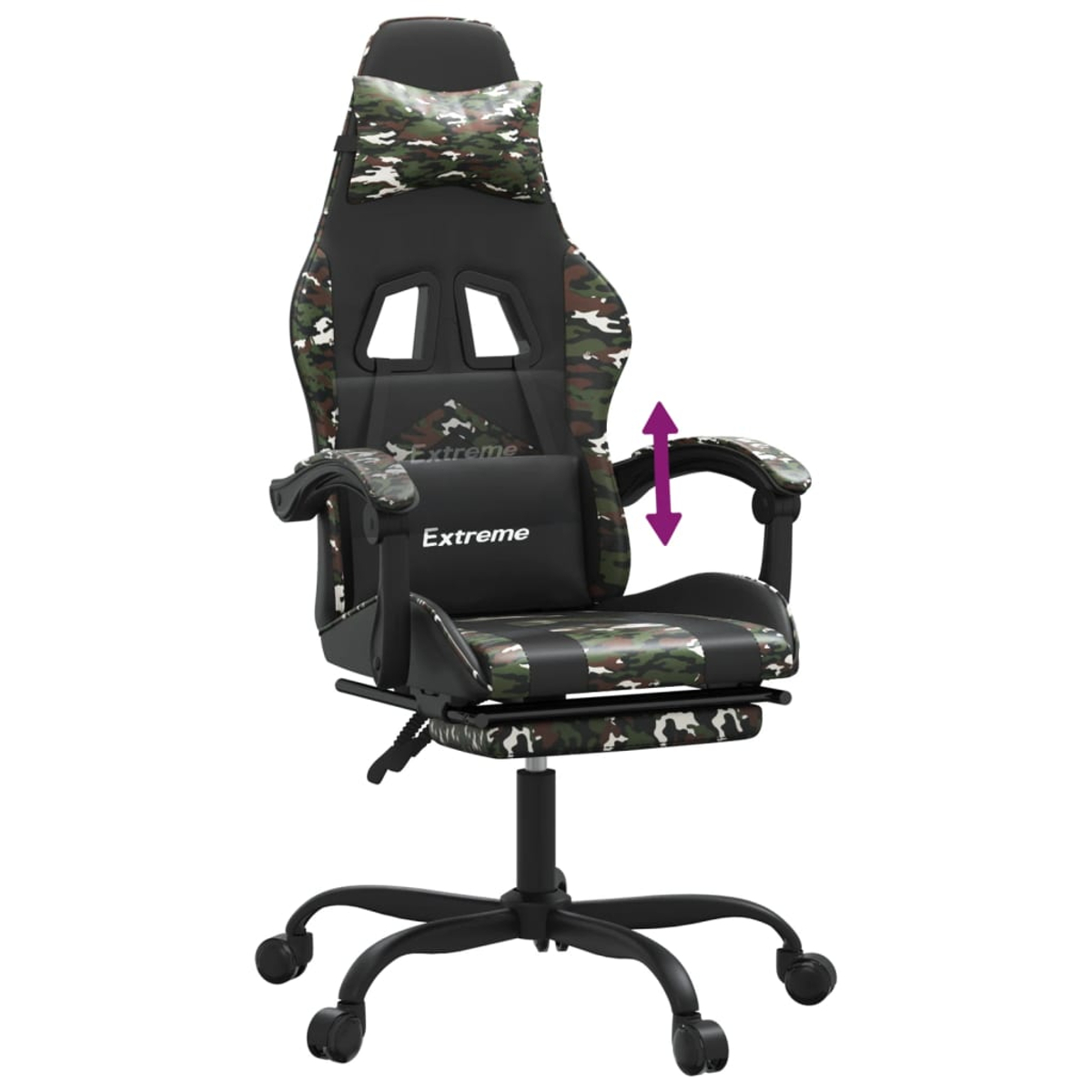 Ein schwarzer Gaming-Stuhl mit Tarnmuster und verstellbaren Armlehnen.