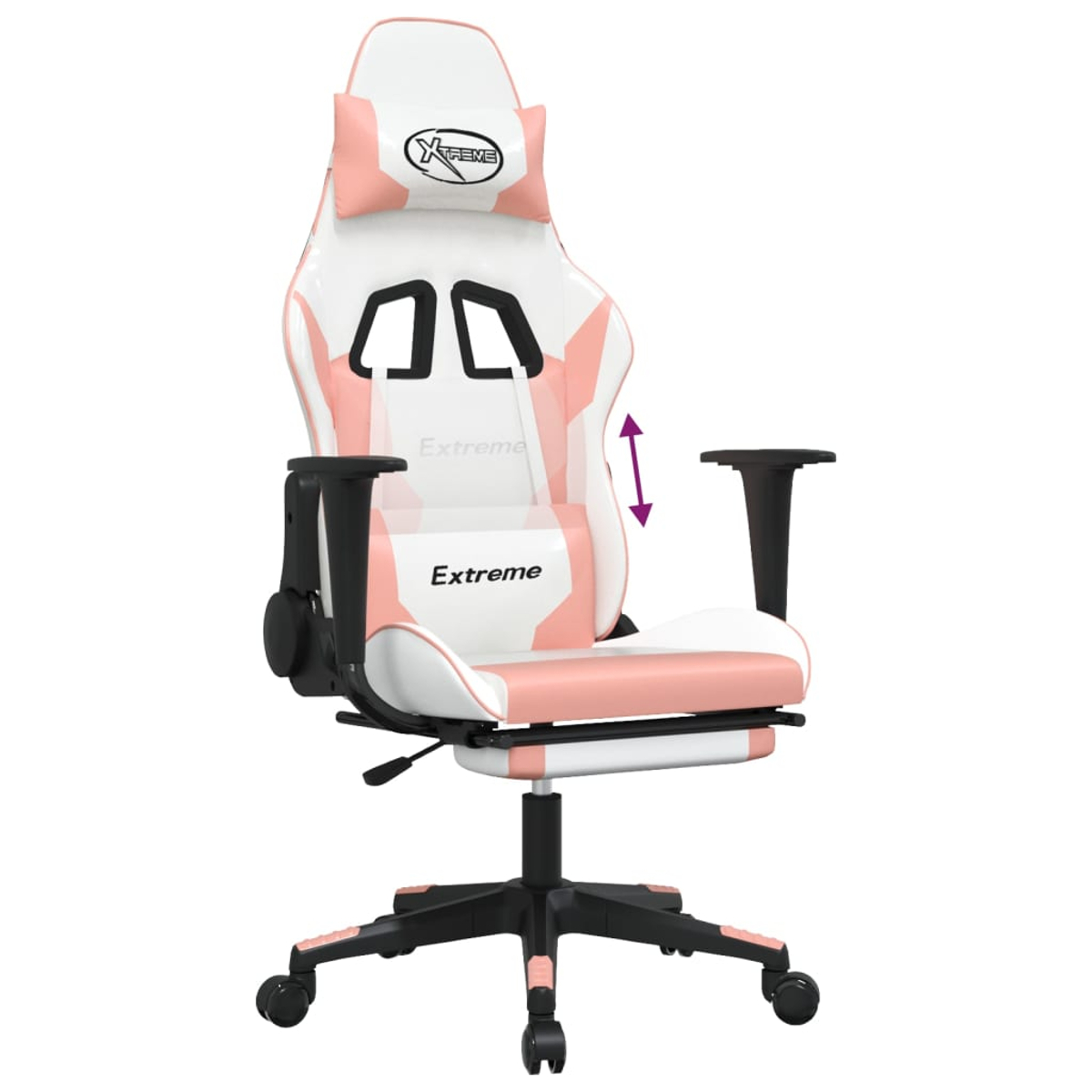 Ein weißer und pinker Gaming-Stuhl mit verstellbarer Kopfstütze und Fußstütze.