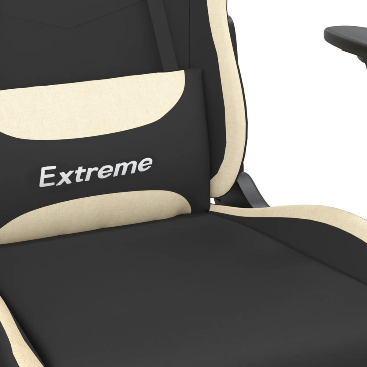 Schwarzer Stuhl mit beiger Polsterung und dem Wort „Extreme“.