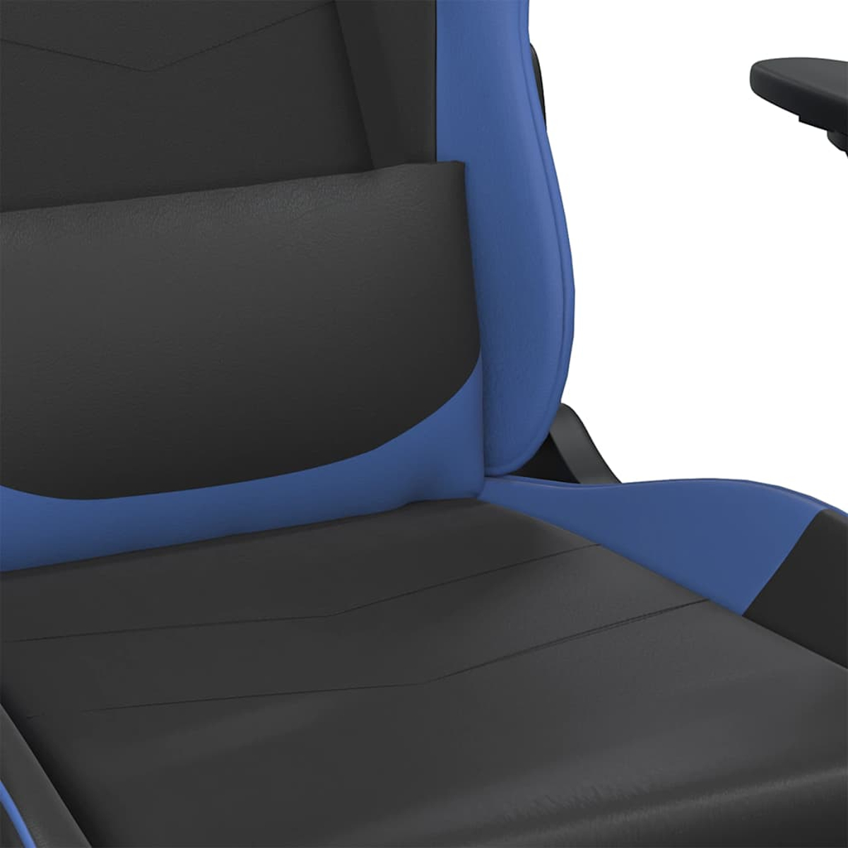 Ein schwarzer und blauer Gaming-Stuhl mit Polsterung.