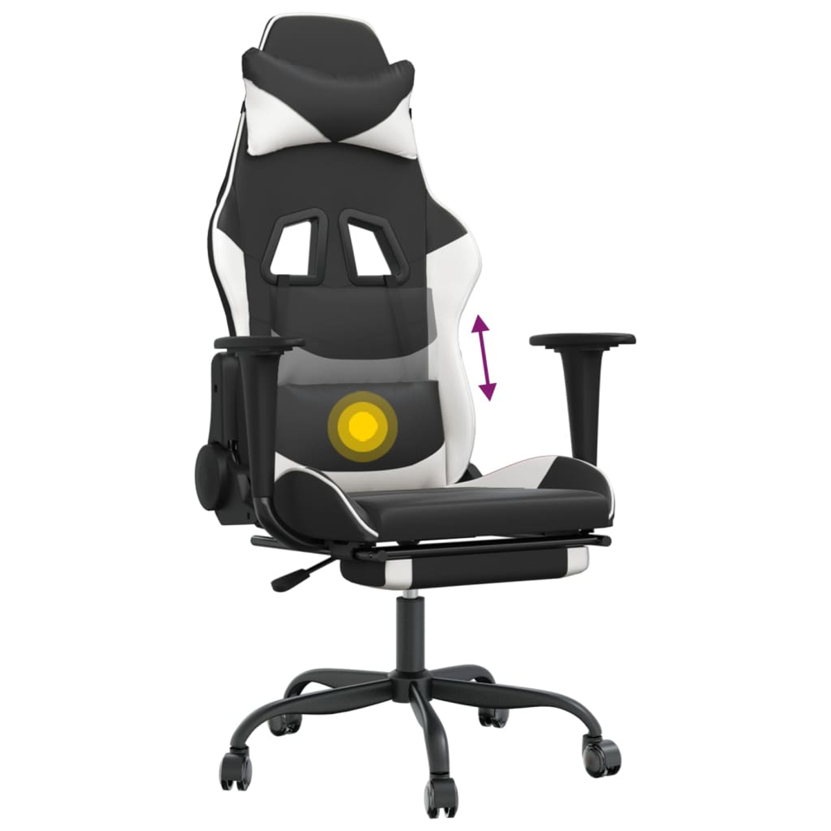 Ein schwarz-weißer Gaming-Stuhl mit verstellbarer Lendenwirbelstütze und Fußstütze.