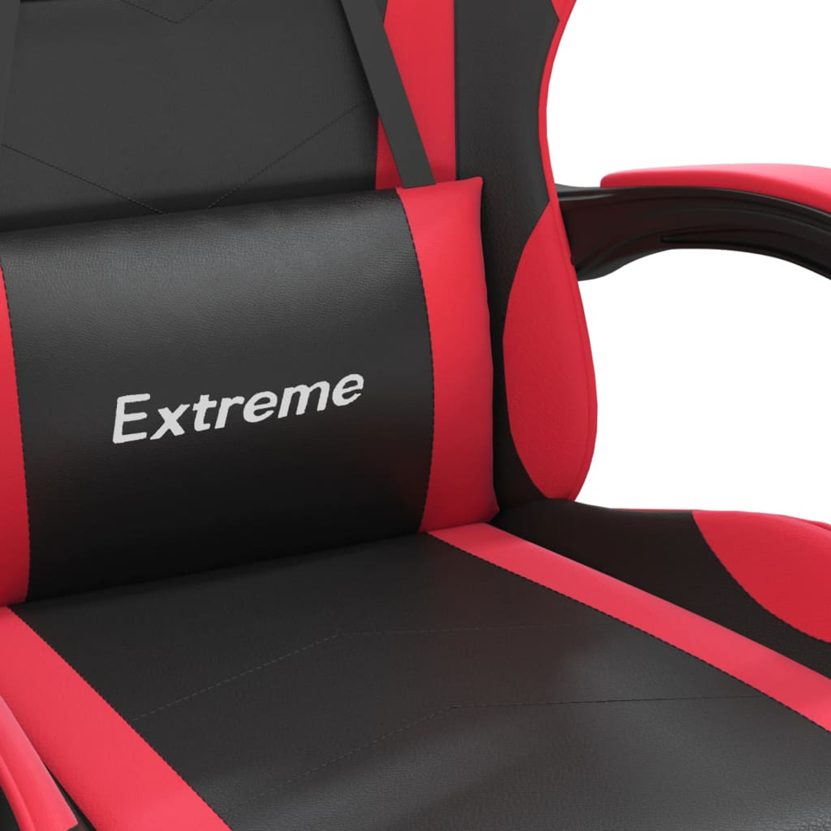 Ein schwarzer und roter Gaming-Stuhl mit dem Wort "Extreme" auf dem Kissen.