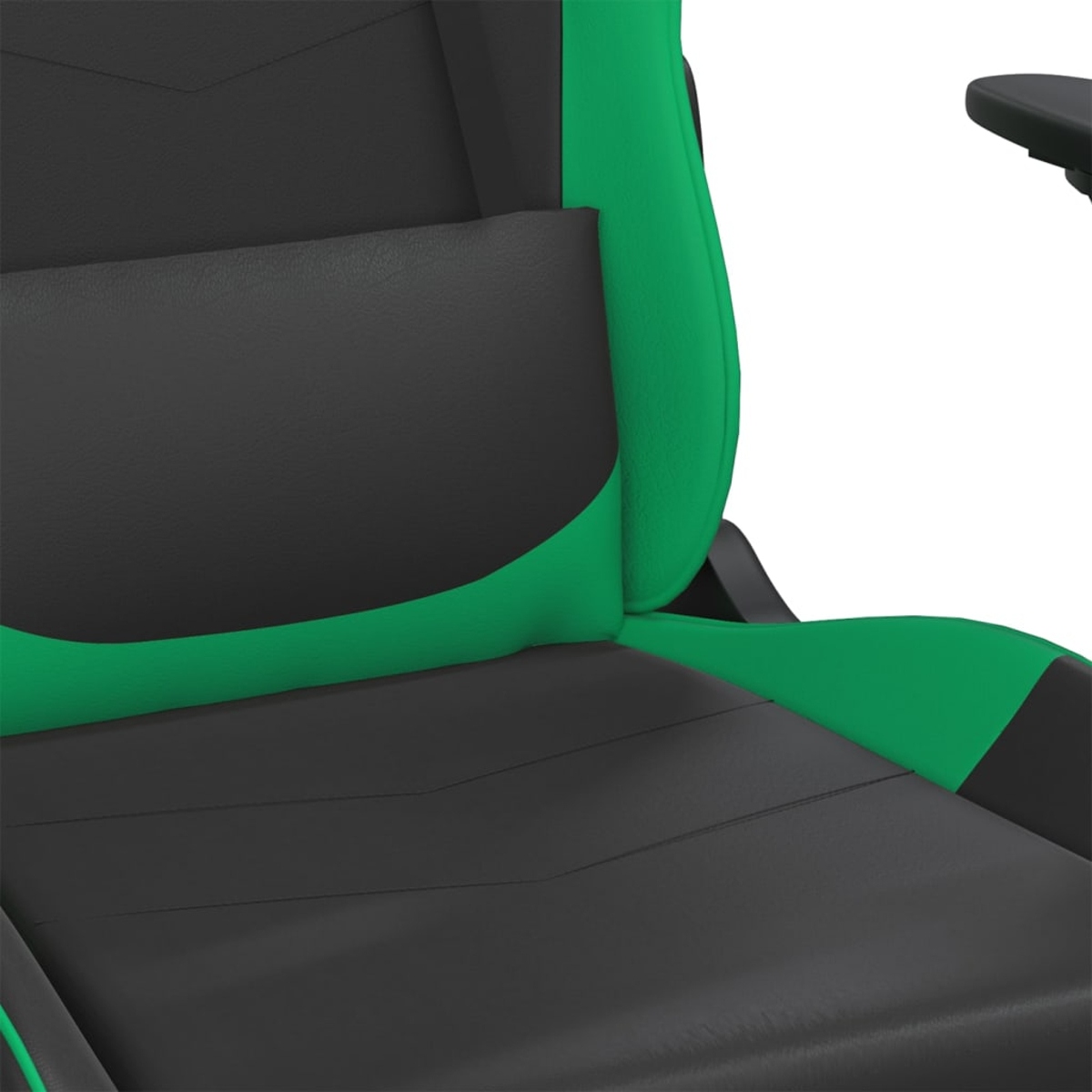 Nahaufnahme eines schwarzen und grünen Gaming-Stuhls mit Lendenkissen.