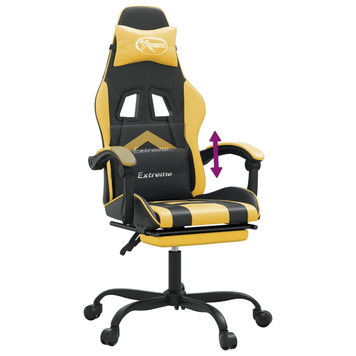 Ein gelb-schwarzer Gaming-Stuhl mit verstellbaren Armlehnen, hervorgehobener Höhenverstellung.