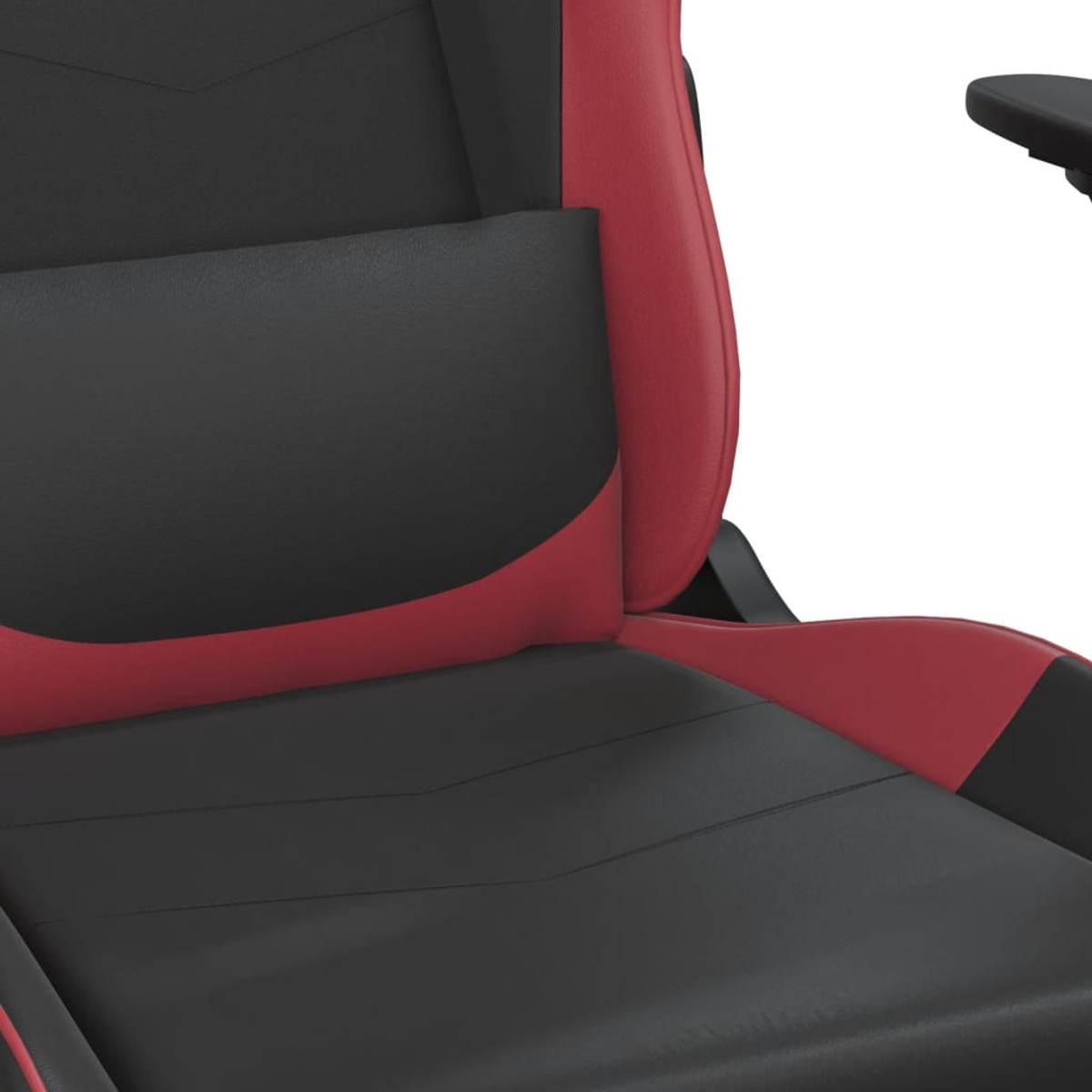 Schwarzer und roter Gaming-Stuhl mit Lendenkissen.