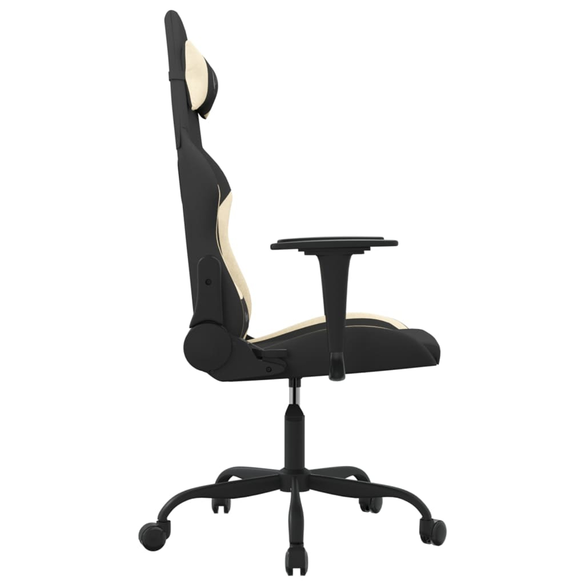 Schwarzer und cremefarbener Gaming-Stuhl mit Armlehnen und Rollen.