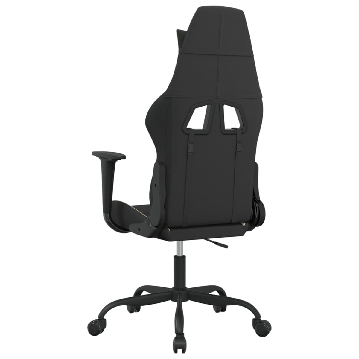 Schwarzer Gaming-Stuhl mit silbernen Akzenten, von hinten gesehen, mit fünf Rollen.