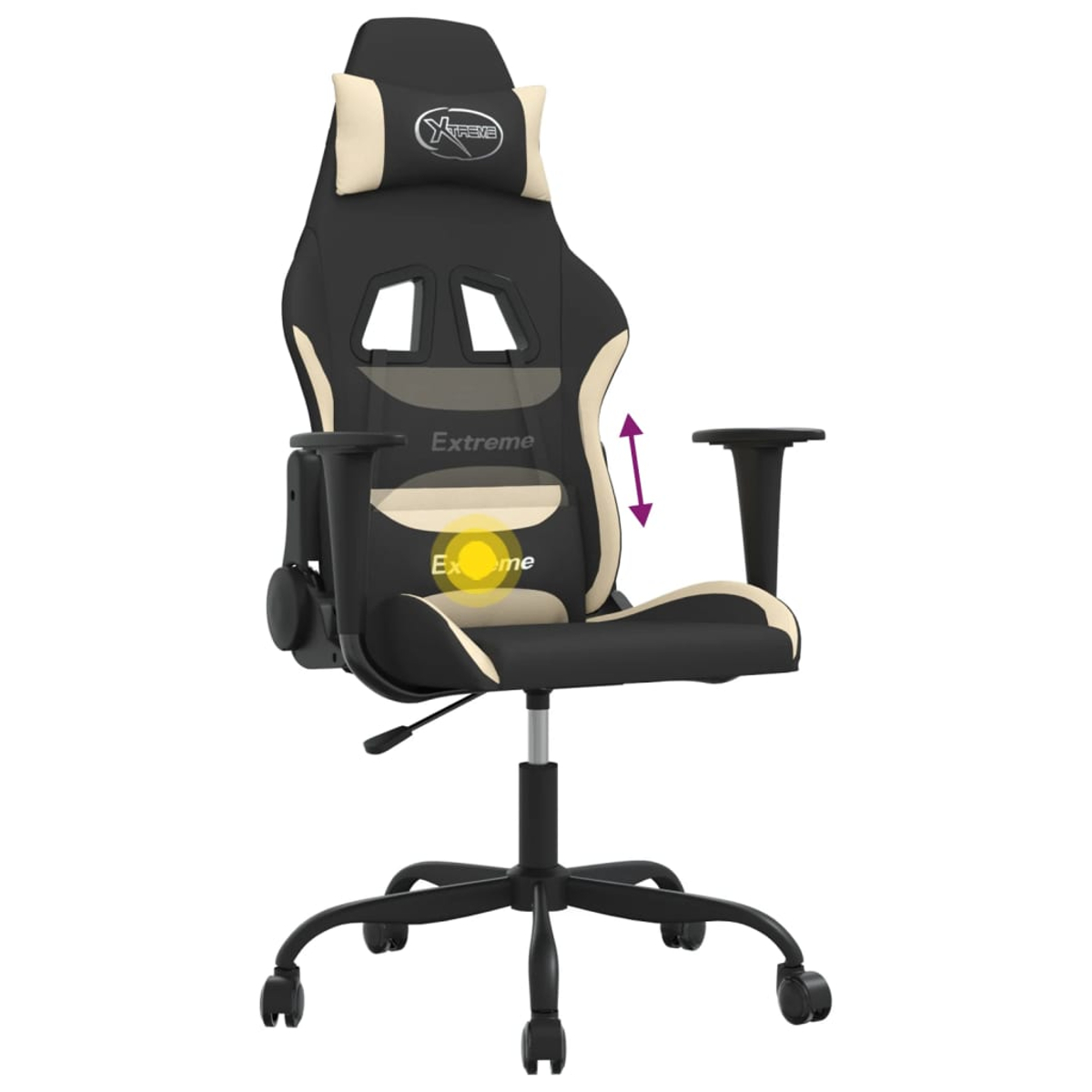Schwarzer und cremefarbener Gaming-Stuhl mit verstellbaren Armlehnen und Nackenkissen.