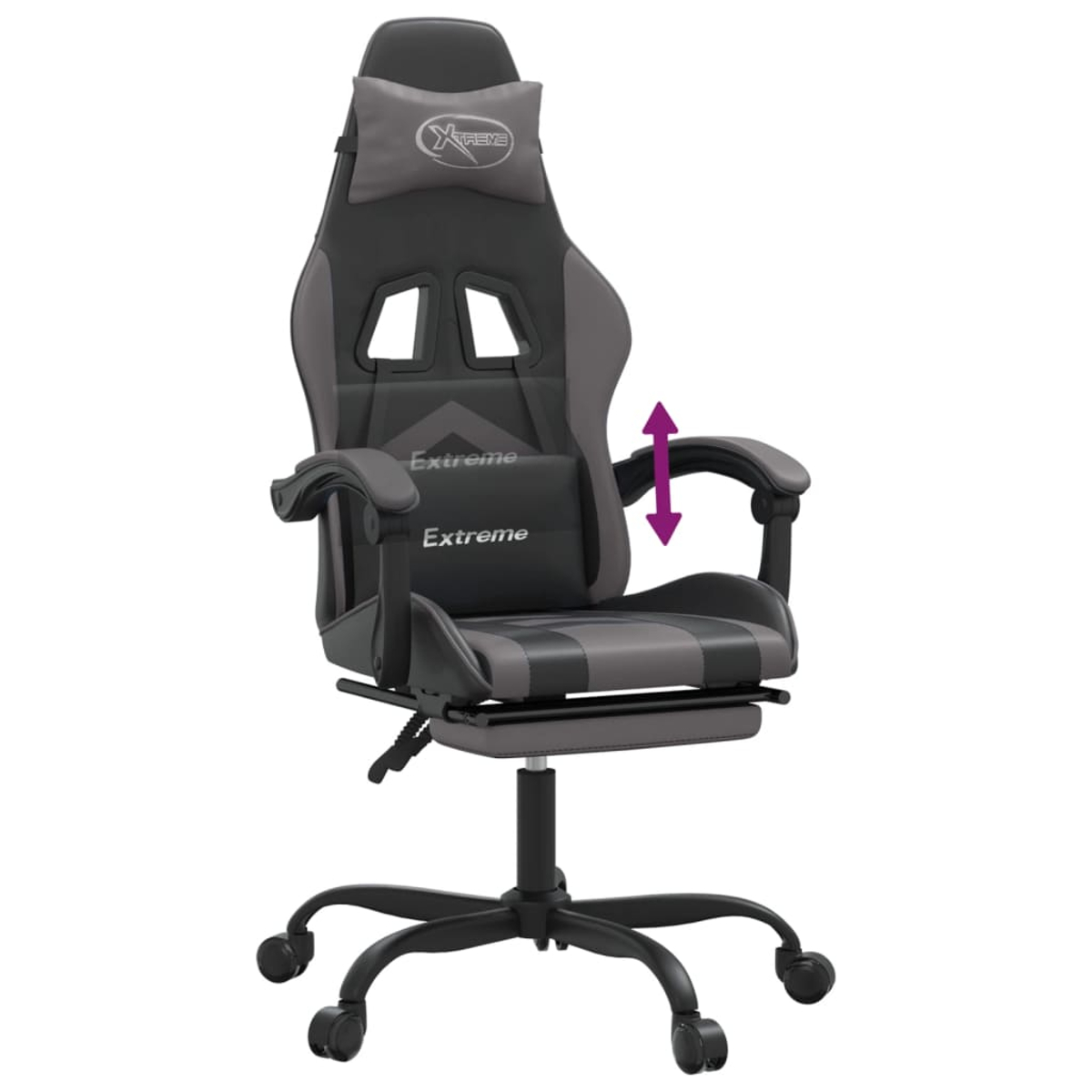 Ein schwarzer und grauer Gaming-Stuhl mit verstellbaren Armlehnen und einem ausziehbaren Fußstütze.