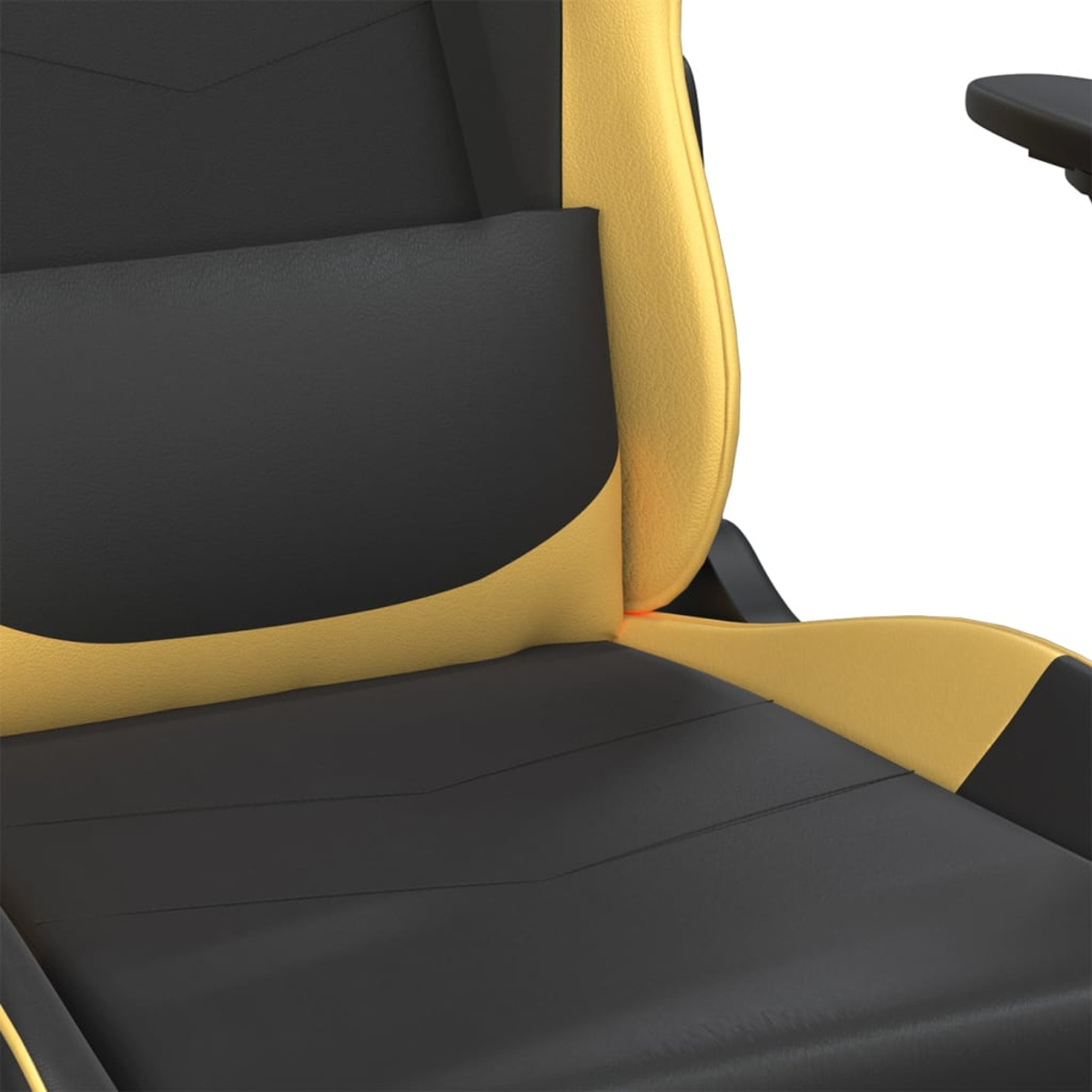 Nahaufnahme eines schwarzen und gelben Gaming-Stuhls, detailliert.