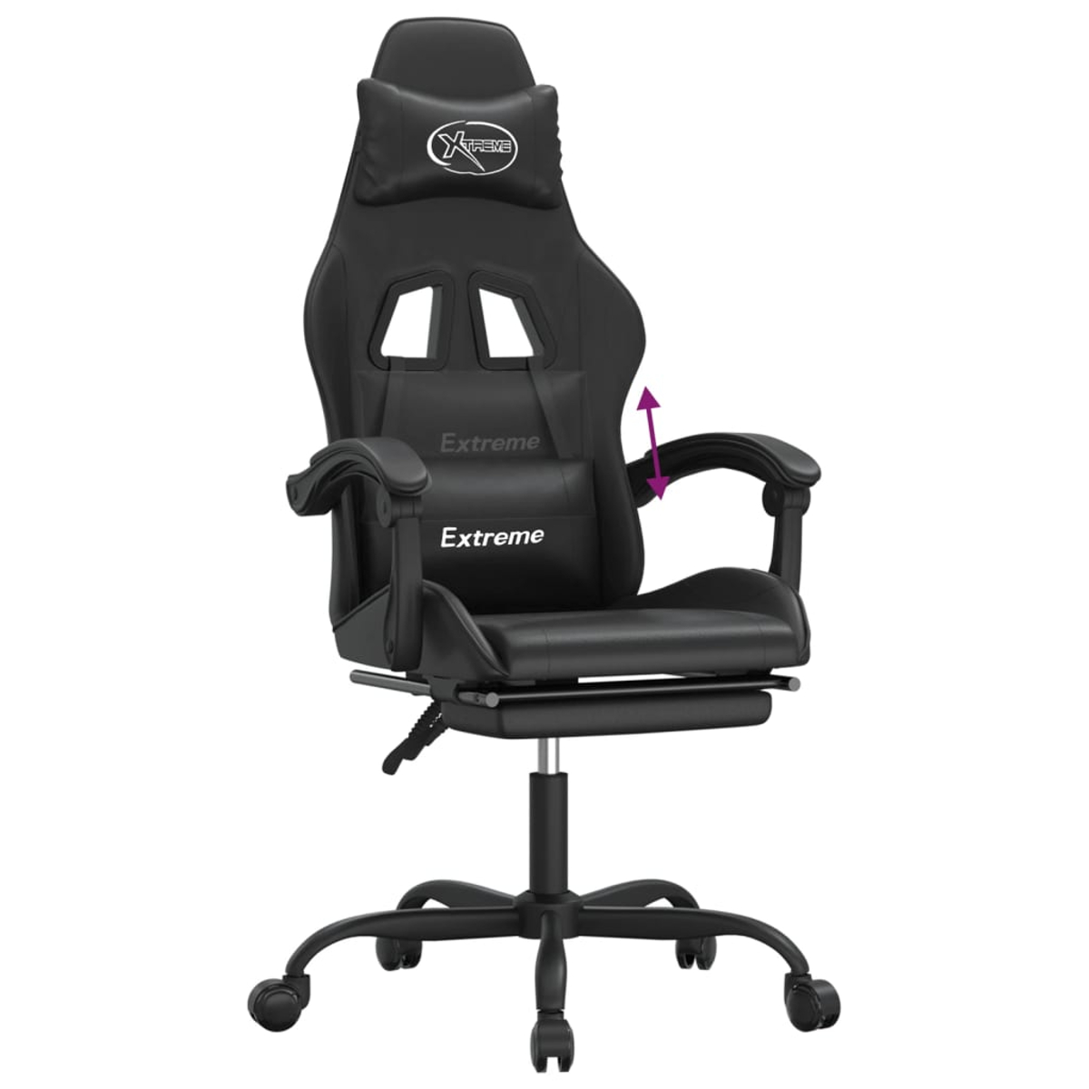Schwarzer Gamingstuhl mit Nackenstütze und Lendenkissen, verstellbar.