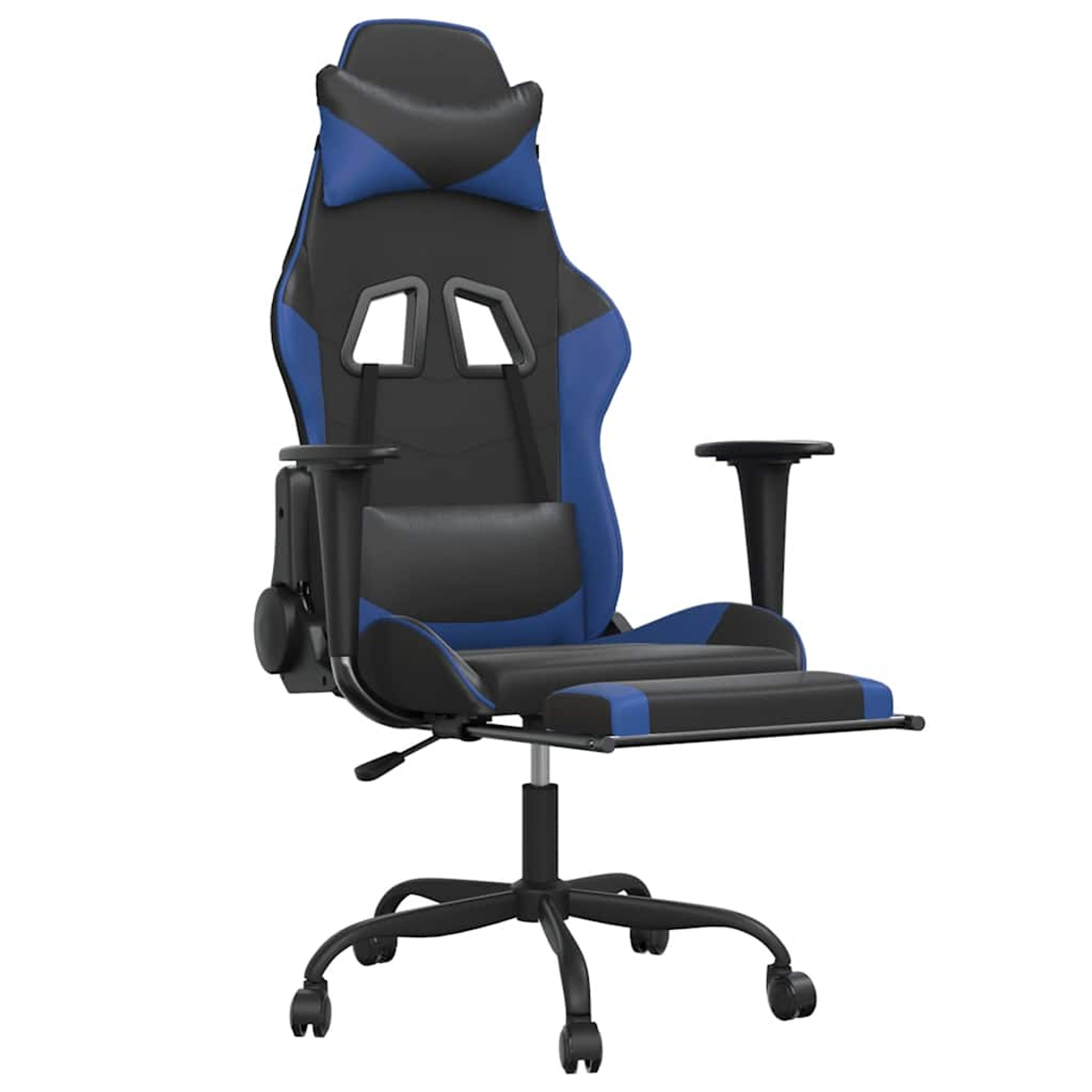 Ergonomischer Gaming-Stuhl in Schwarz und Blau mit ausziehbarem Fußhocker.