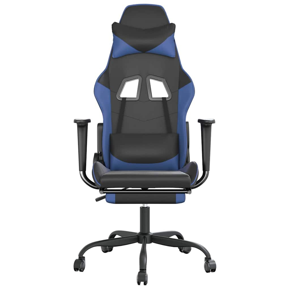 Ein blauer und schwarzer Gaming-Stuhl mit Armlehnen und Rollen.