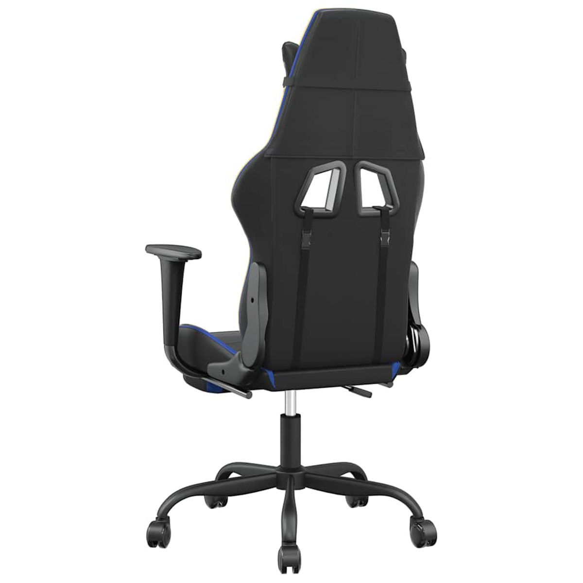 Schwarzer Gaming-Stuhl mit blauen Akzenten, von hinten gezeigt.