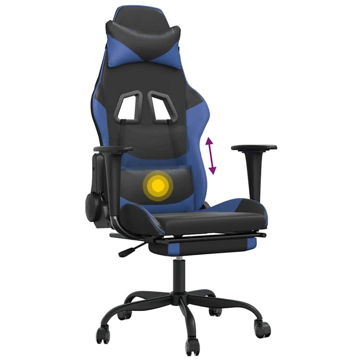 Blauer und schwarzer Gaming-Stuhl mit verstellbarer Lendenwirbelstütze und Fußstütze.