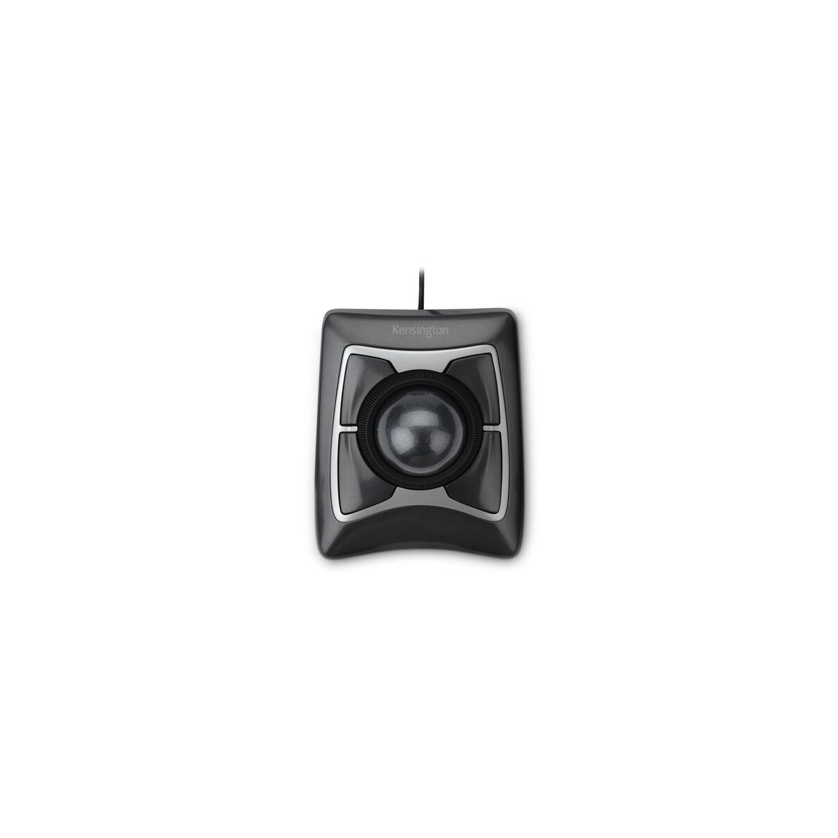 A gray Kensington trackball with a black ball and silver buttons.