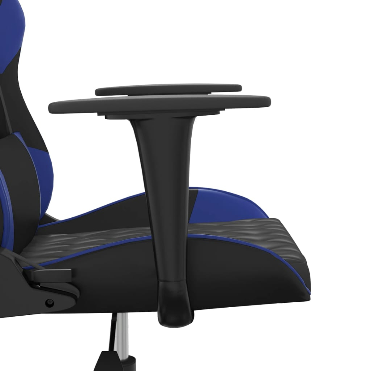 Nahaufnahme eines schwarzen und blauen Gaming-Stuhls, Armlehne und Sitz sind sichtbar.