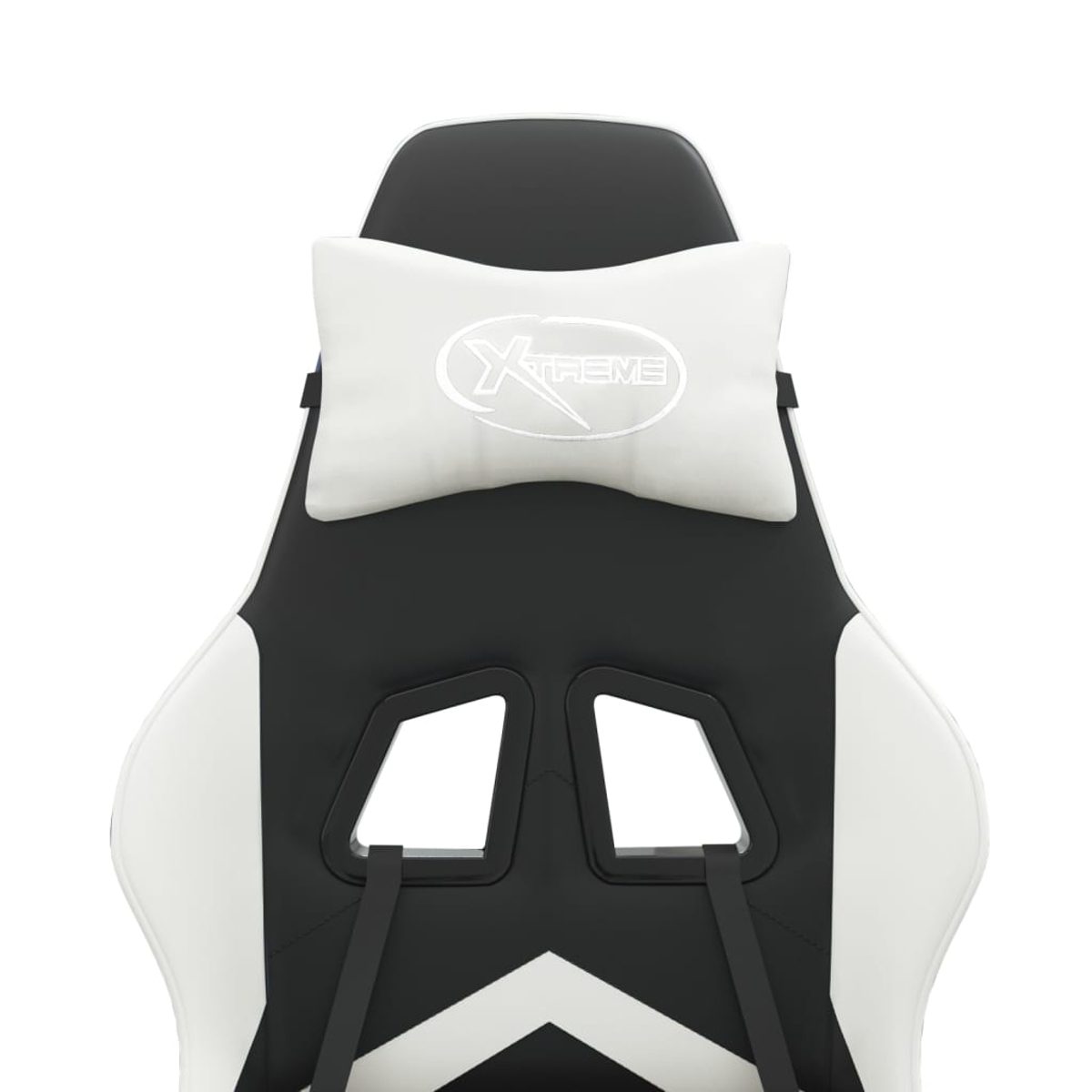 Schwarz-weißer Gaming-Stuhl mit weißem Nackenkissen mit Logo.