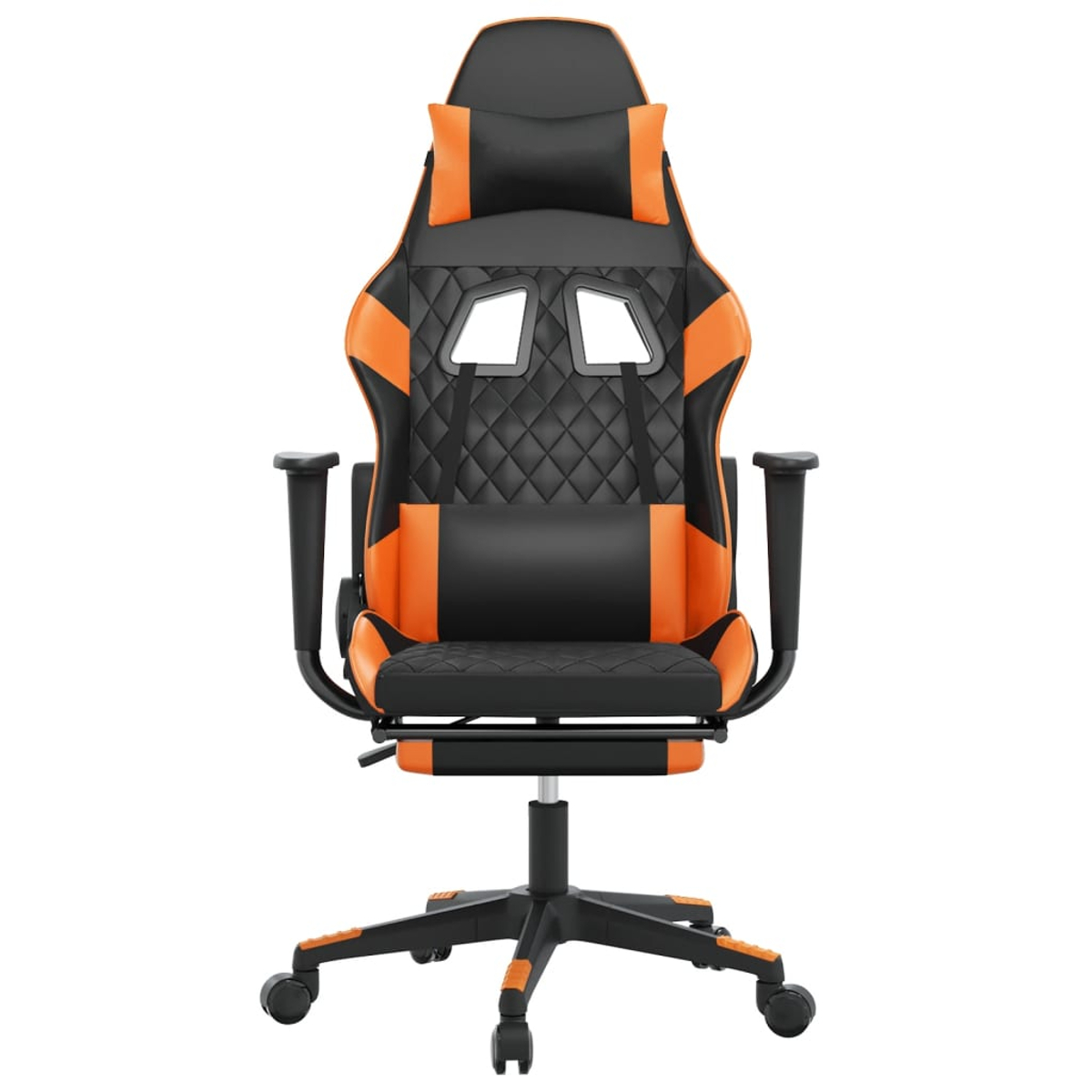 Ein schwarzer Gaming-Stuhl mit orangefarbenen Akzenten und einem Nackenkissen.