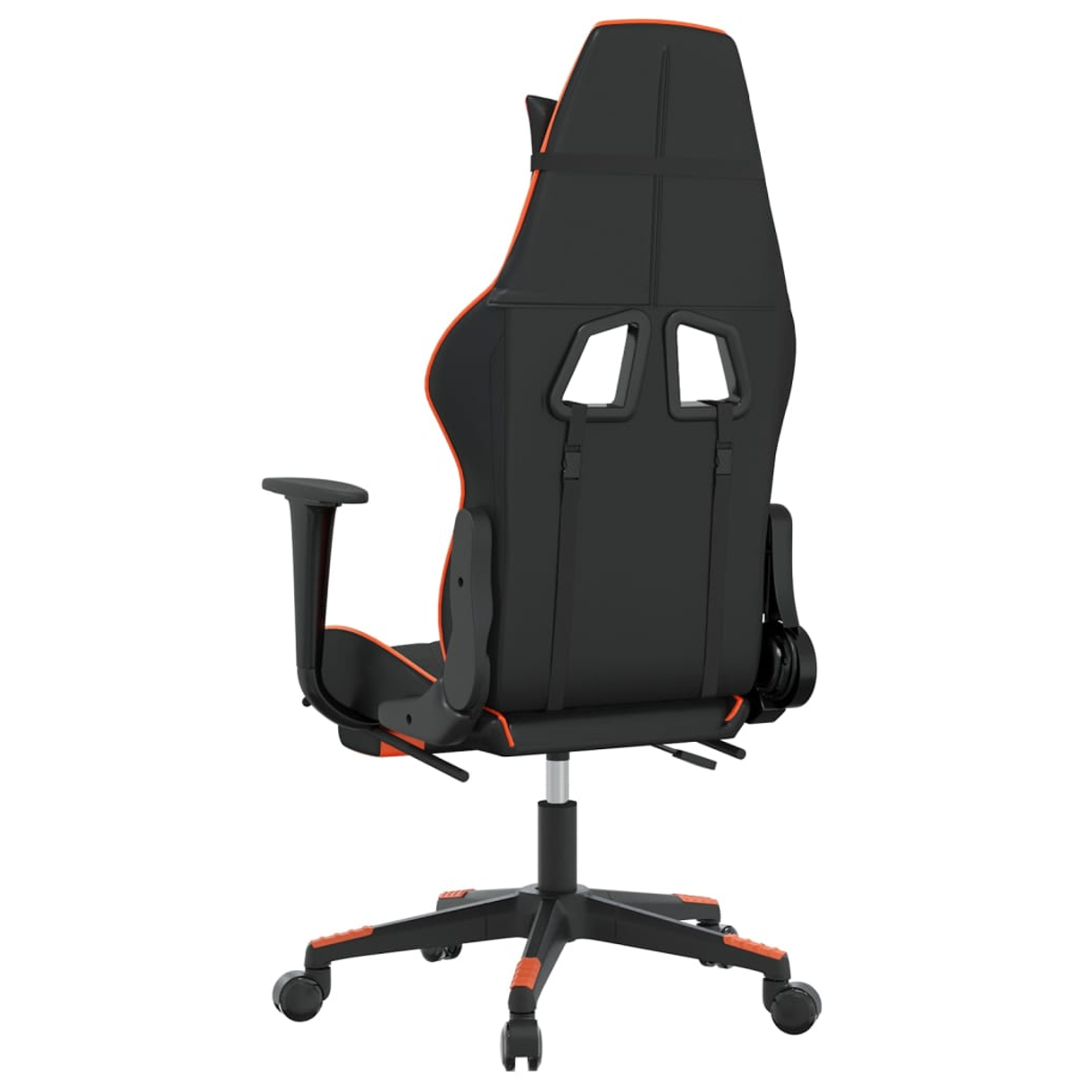 Schwarzer Gaming-Stuhl mit orangefarbenen Akzenten, von hinten gesehen.