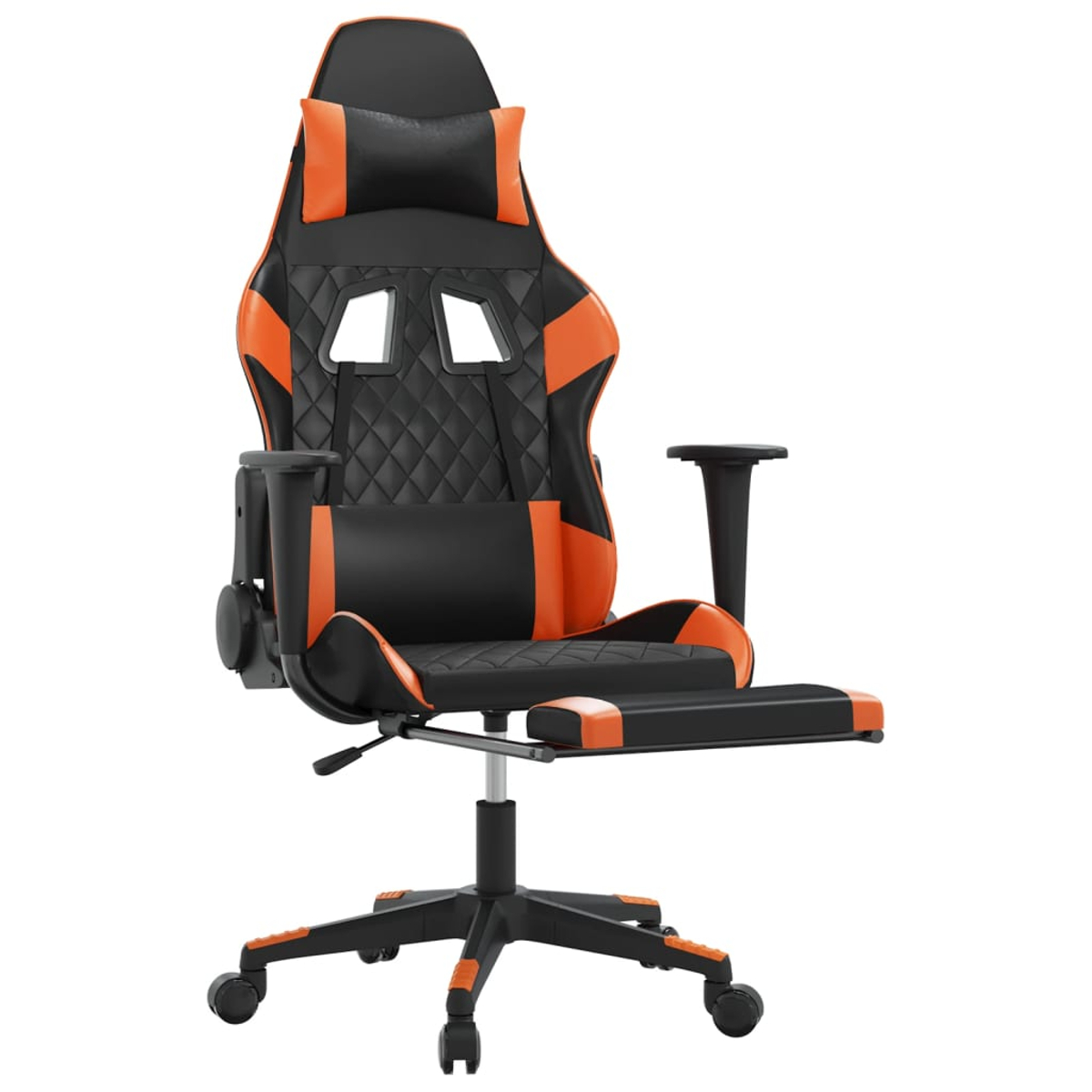 Ein schwarzer und oranger Gaming-Stuhl mit ausziehbarer Fußstütze und Rollen.