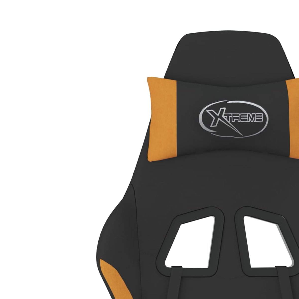 Ein schwarzer Gaming-Stuhl mit orangefarbenen Akzenten und einem Logo.