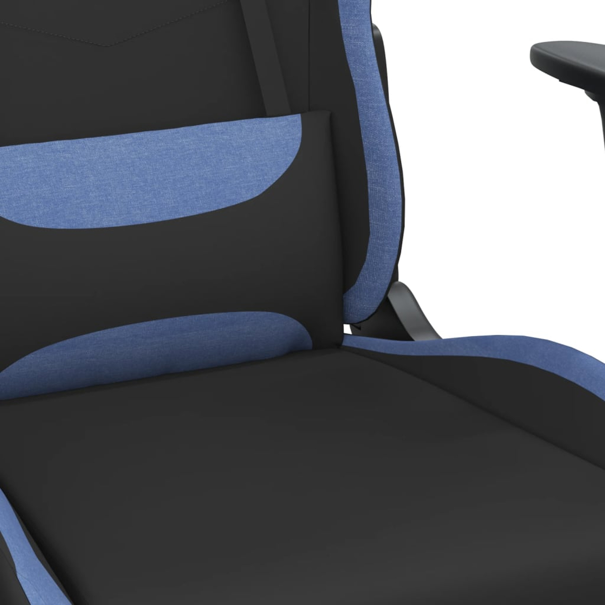 Schwarzer Gaming-Stuhl mit blauen Stoffakzenten und einem Nackenkissen.