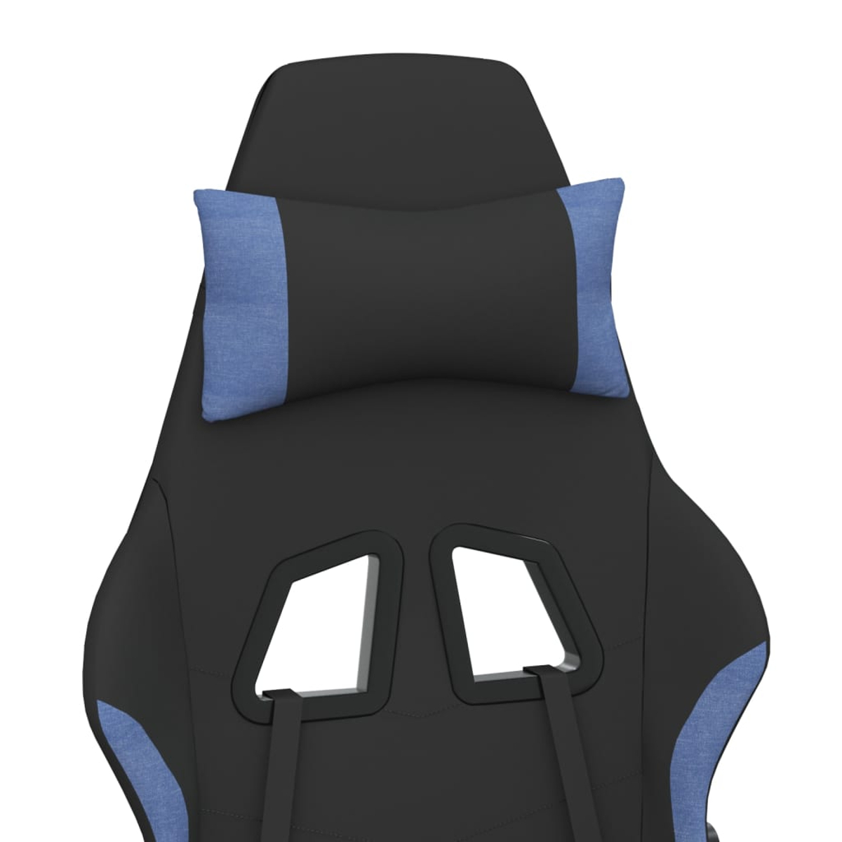 Schwarzer Gaming-Stuhl mit blauem Akzentkissen und Aussparungen.