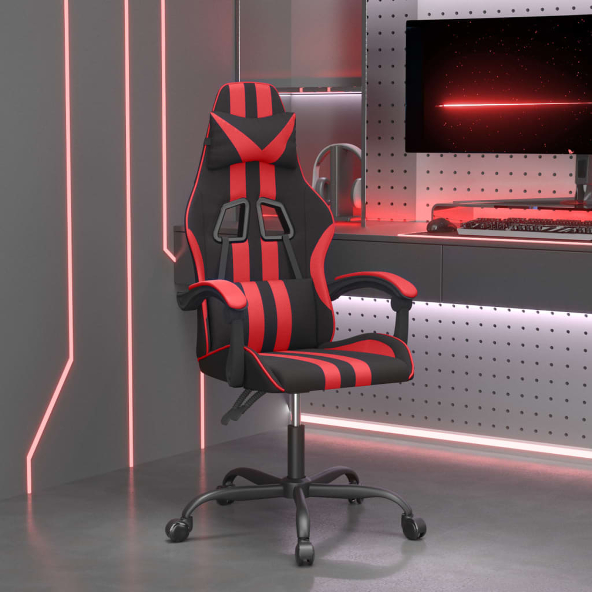 Ein roter und schwarzer Gaming-Stuhl steht in einem Raum mit Neonlichtern.