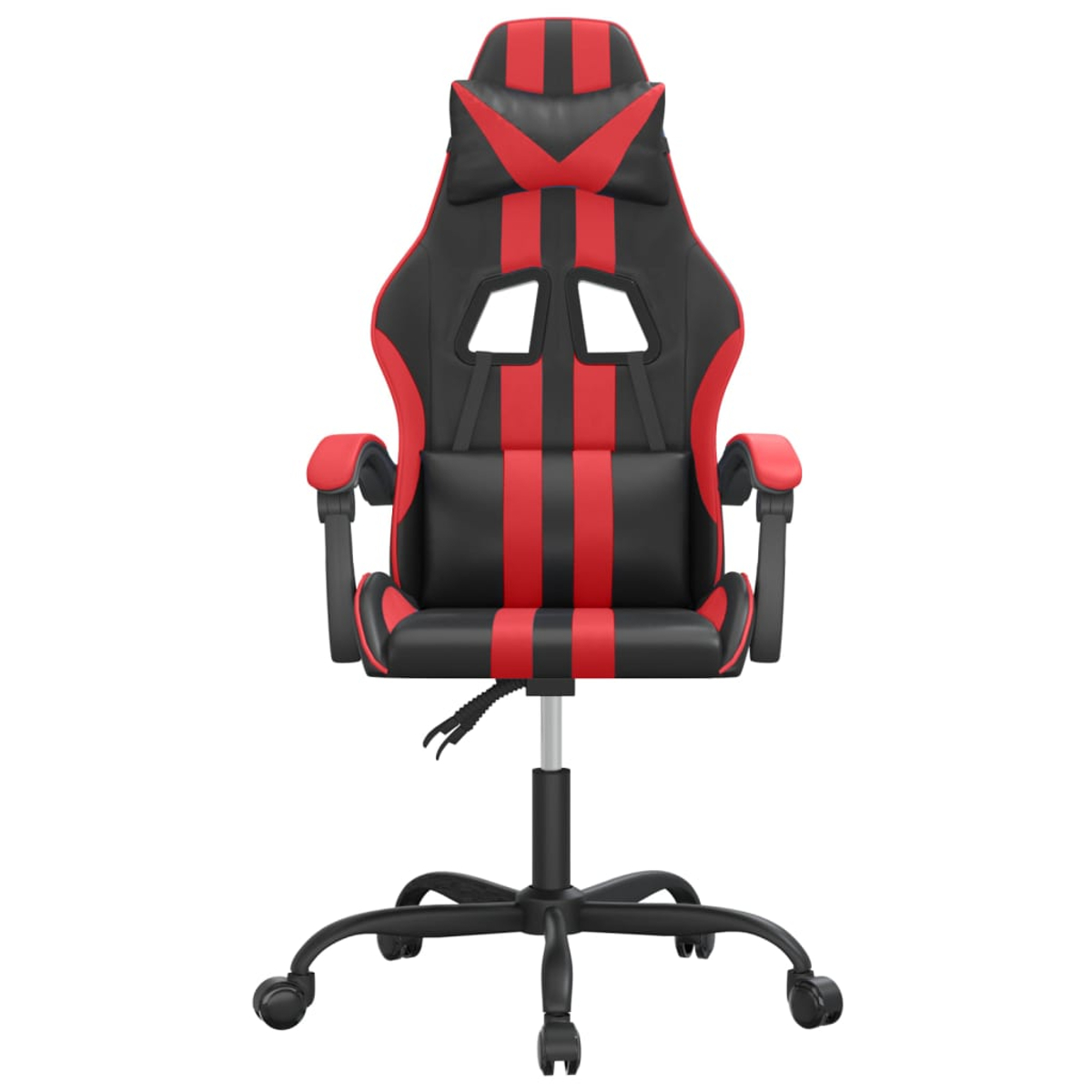 Ein schwarzer und roter Gaming-Stuhl im Rennstil mit hoher Rückenlehne und Armlehnen, auf Rollen.