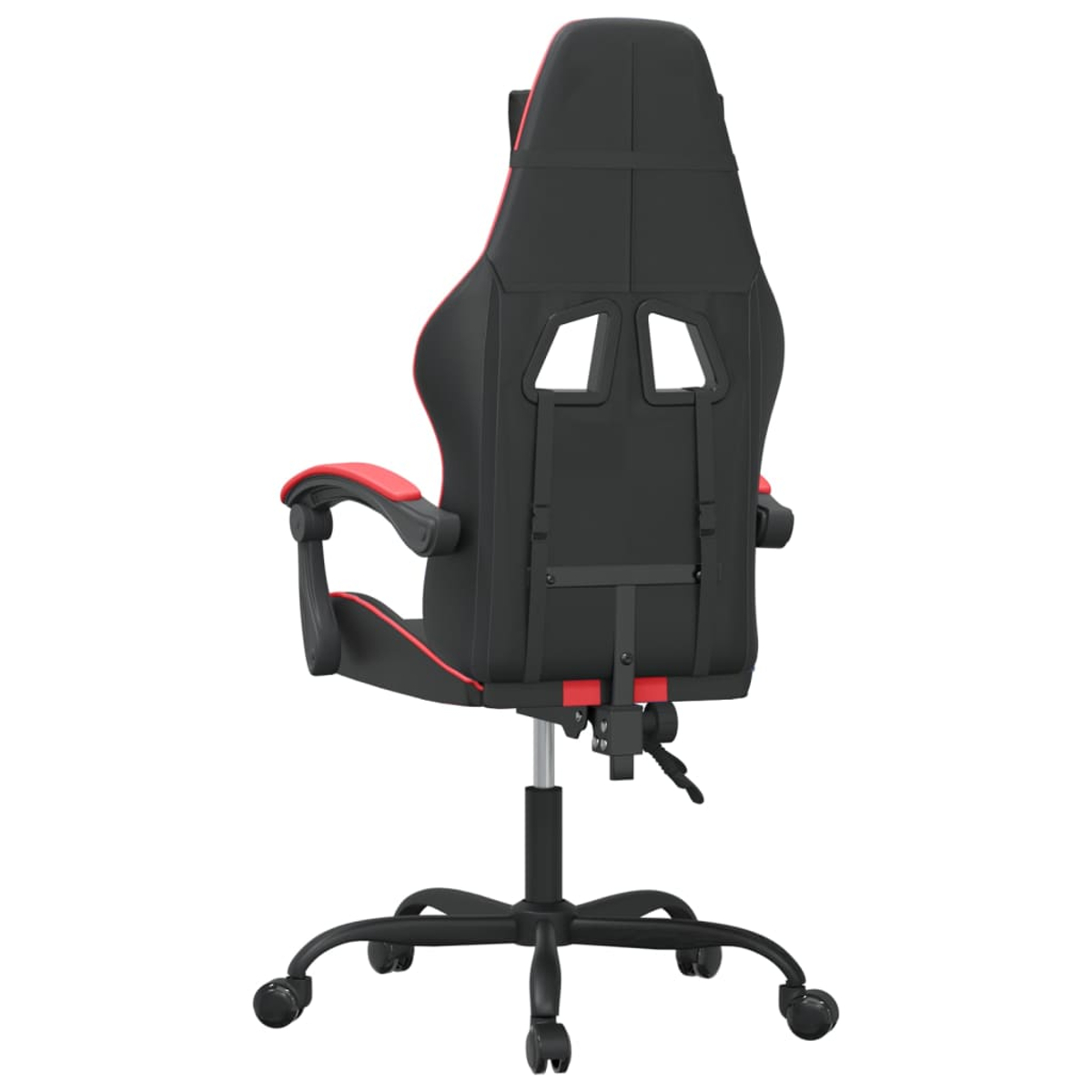 Schwarzer Gaming-Stuhl mit roten Akzenten, von hinten gesehen.