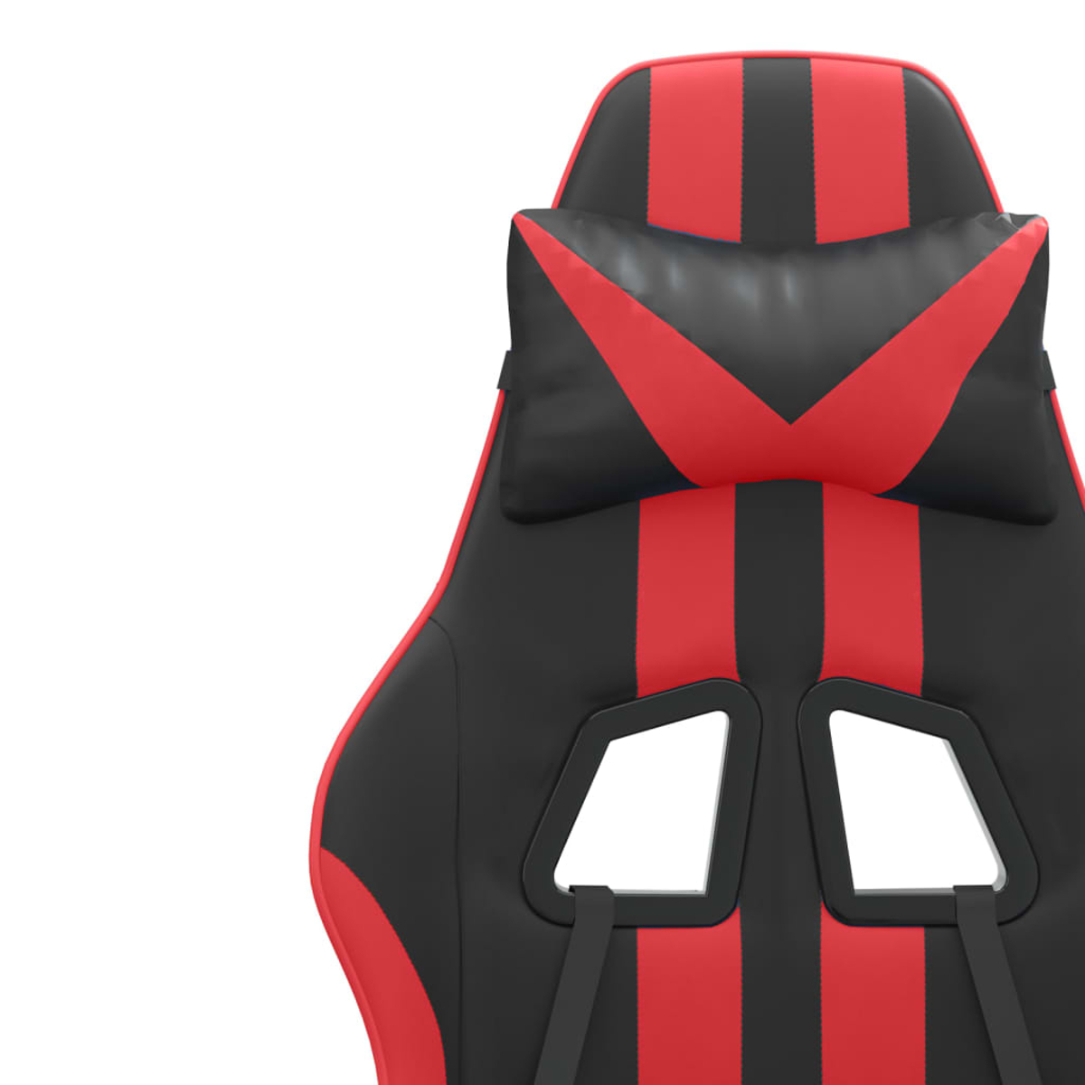 Ein schwarzer und roter Gaming-Stuhl mit Nackenkissen.