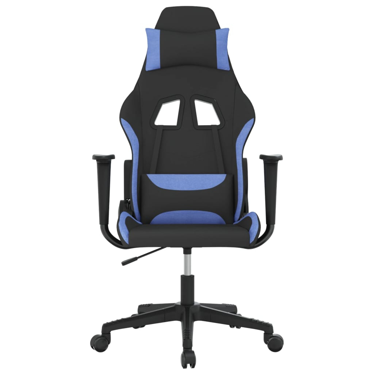 Schwarzer Gaming-Stuhl mit blauen Akzenten, Kopfstütze und Lendenkissen.